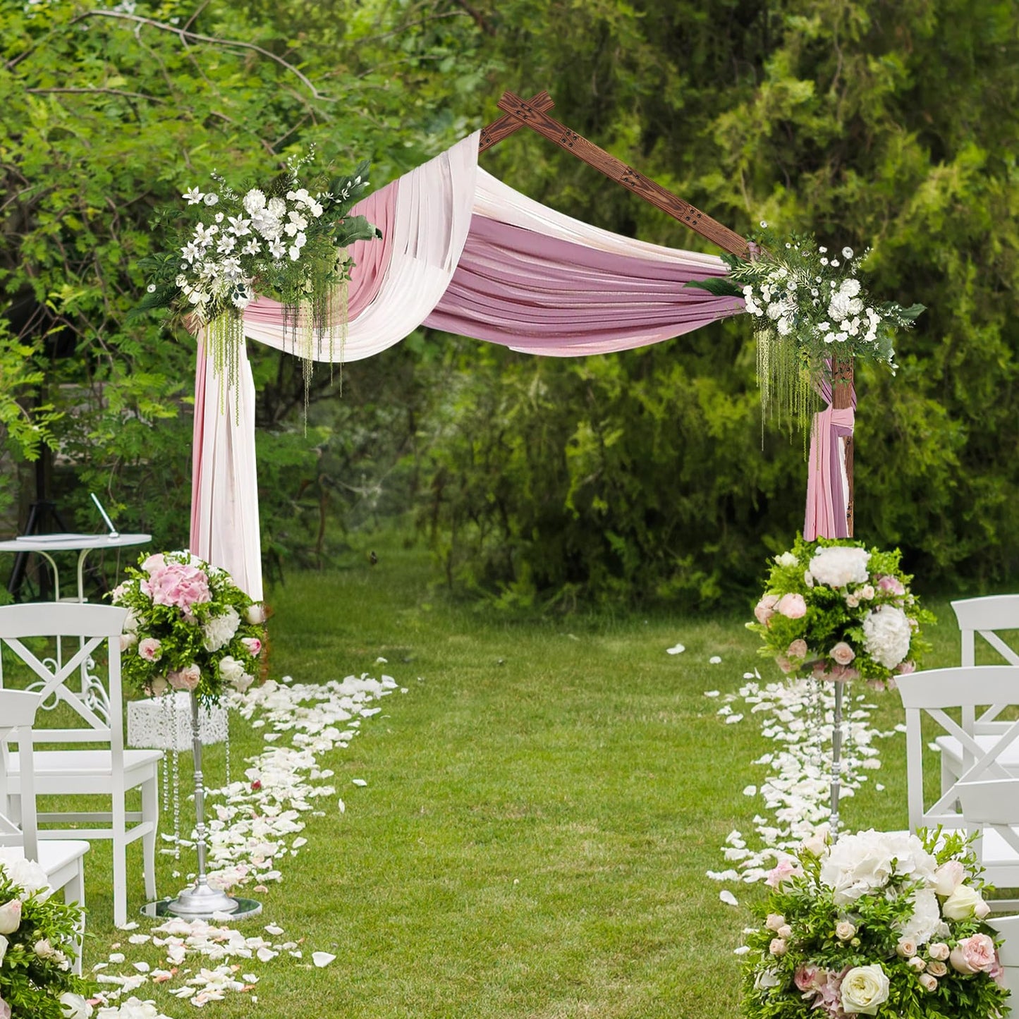 9FT Roof Arch Backdrop Stand, Roof Style Wooden Wedding Arch for Ceremony Party Anniversary Celebration Birthday, Natural Wood Rustic Arbor for Outdoor Garden Decoration