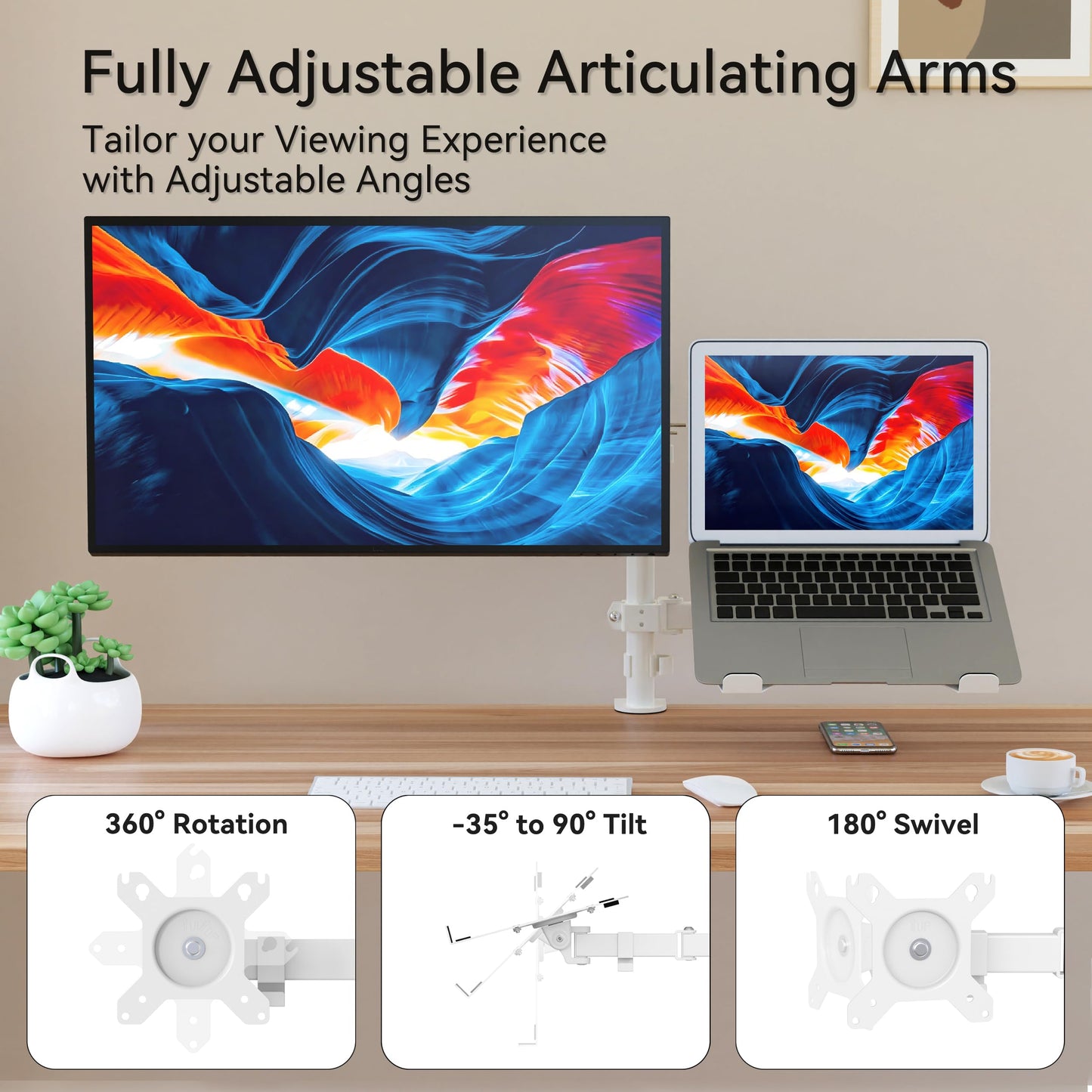 SHOPPINGALL Fully Adjustable Dual Monitor & Laptop Mount Stand Notebook Desk Mount with Tray with 2 Swing Arms for Monitors up to 32" Laptops up to 17", with Clamp and Grommet Mounting - SA-LH07-White
