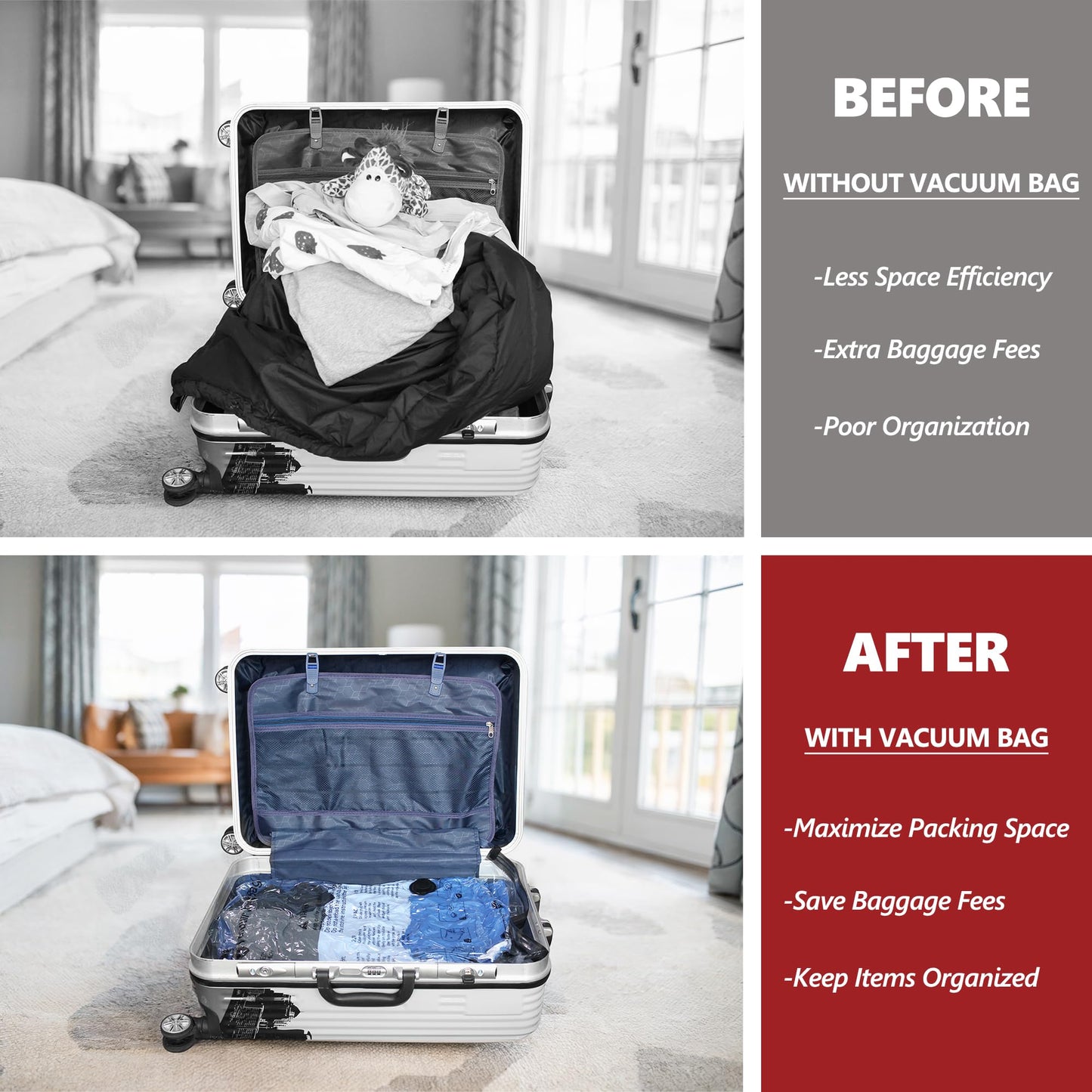 SUOCO Travel Vacuum Bags for Luggage with Portable Electric Pump, 12 Combo (4L/4M/4S) Packing Seal Bags for Clothing Suitcase Backpack, Space Saver Compression Clothes Storage Bags
