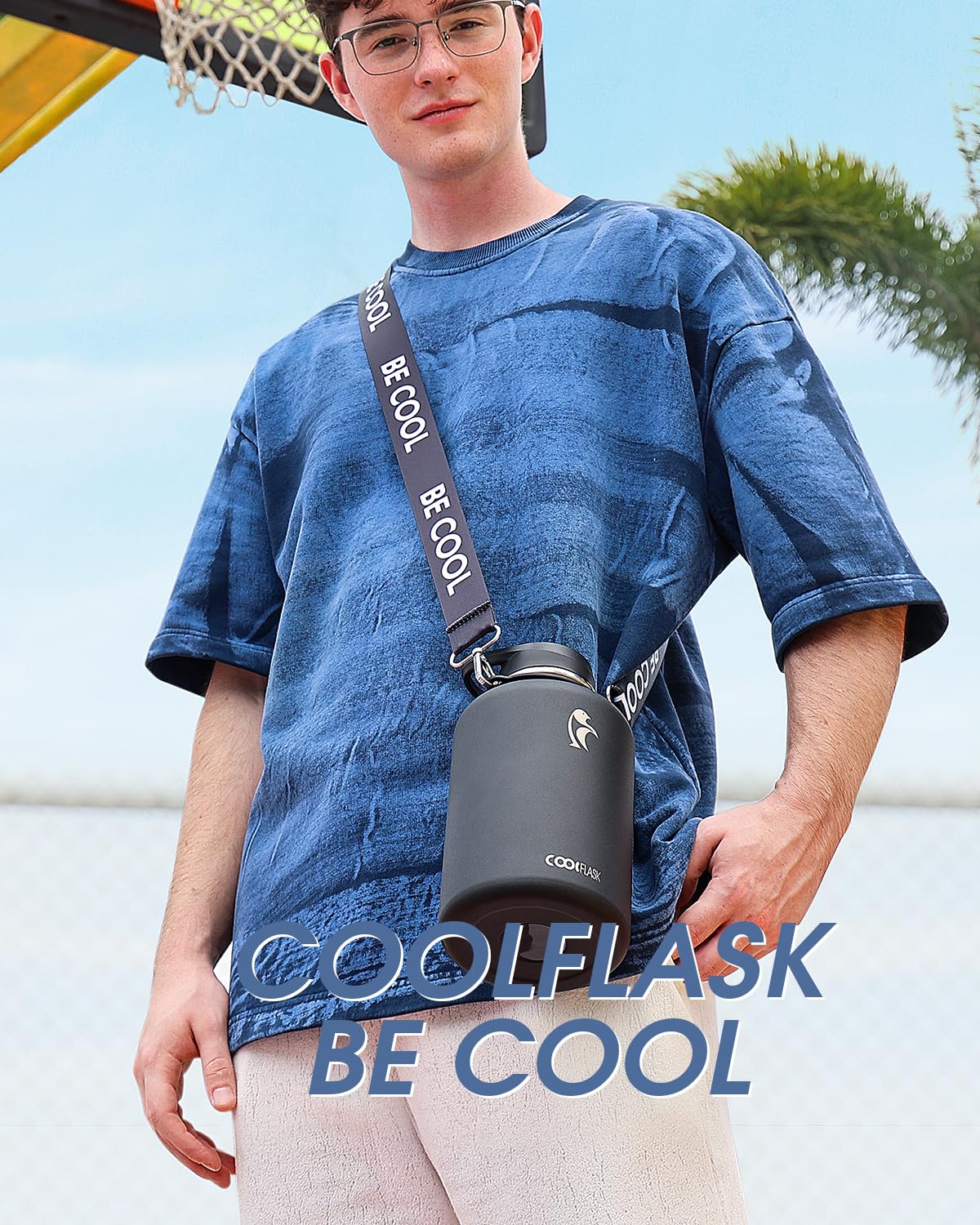 Coolflask Insulated Water Bottle 1893 ml with Strap, Stainless Steel Water Jug with Straw and Spout Lid, Large Metal Water Bottle, Leak-proof and BPA-Free, Black