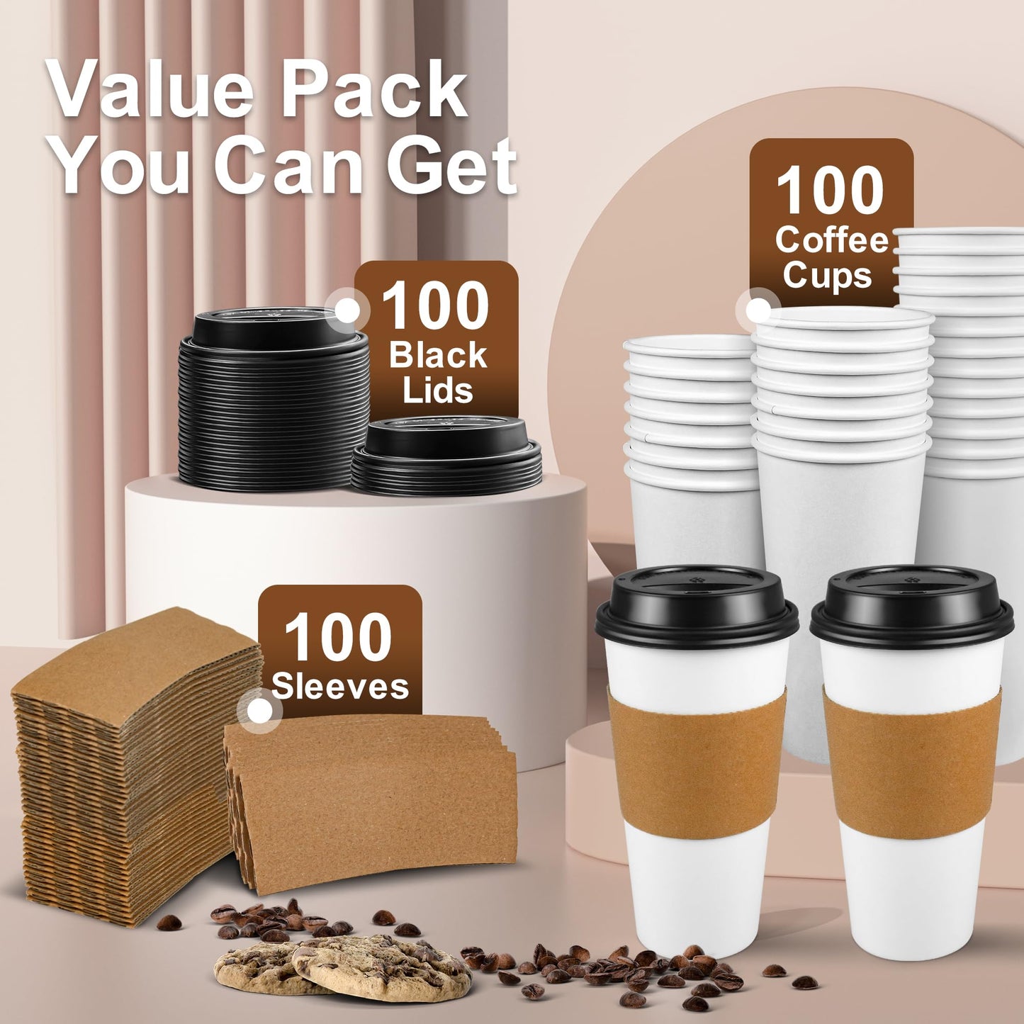 Ginkgo 100 Pack 20 oz Disposable Paper Coffee Cups with Lids and Sleeves, to Go Hot Coffee Cups for Hot Chocolate, Cocoa, Tea and Drinks
