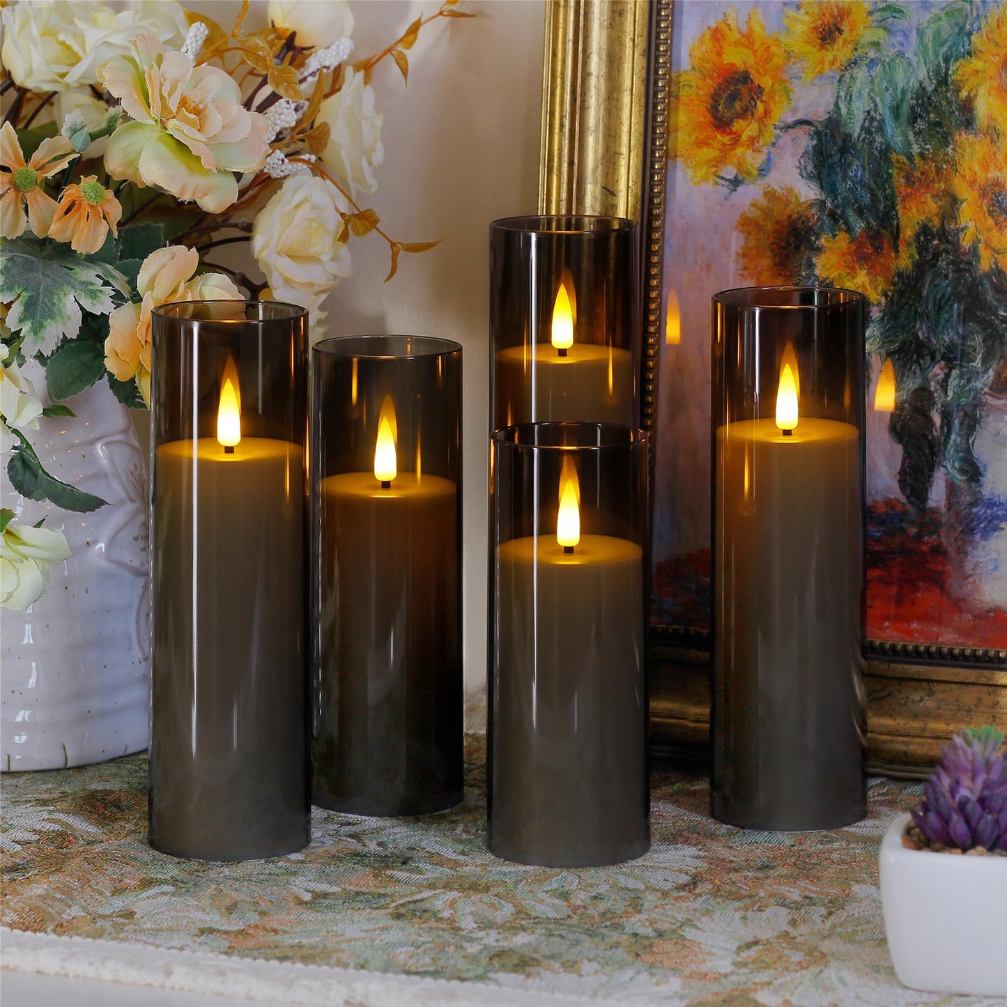 Wroxipel Pack of 8 Acrylic Flameless Flickering 2.2" x5" 6" 6" 7" 7" 7" 8" 8" Grey Plastic Candles with Remote, LED Battery Operated Cycle Timer Bulk Long Lasting Realistic Pillar Candles