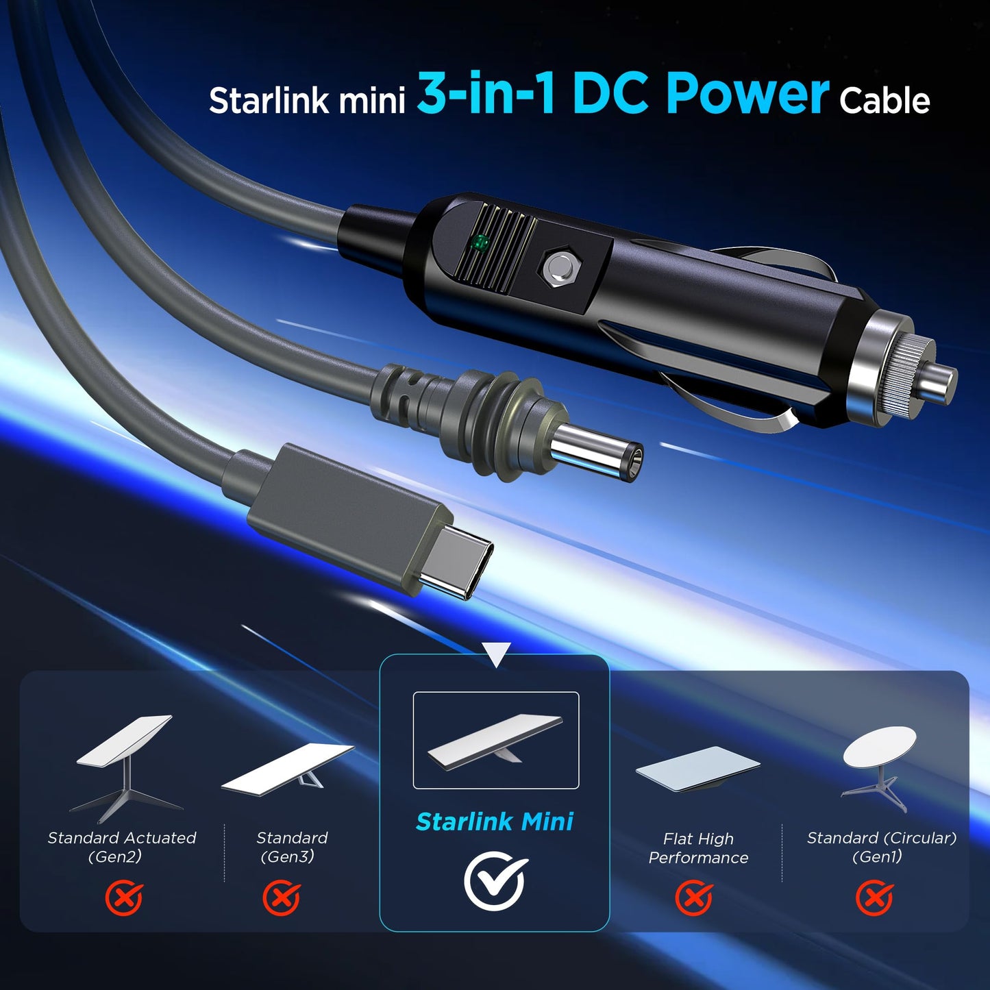 3 in 1 Starlink Mini Cable 10FT/ 3M, High-Speed USB C/Car Charger/DC to DC Replacement Waterproof Extension Starlink Mini Power Cable Accessories