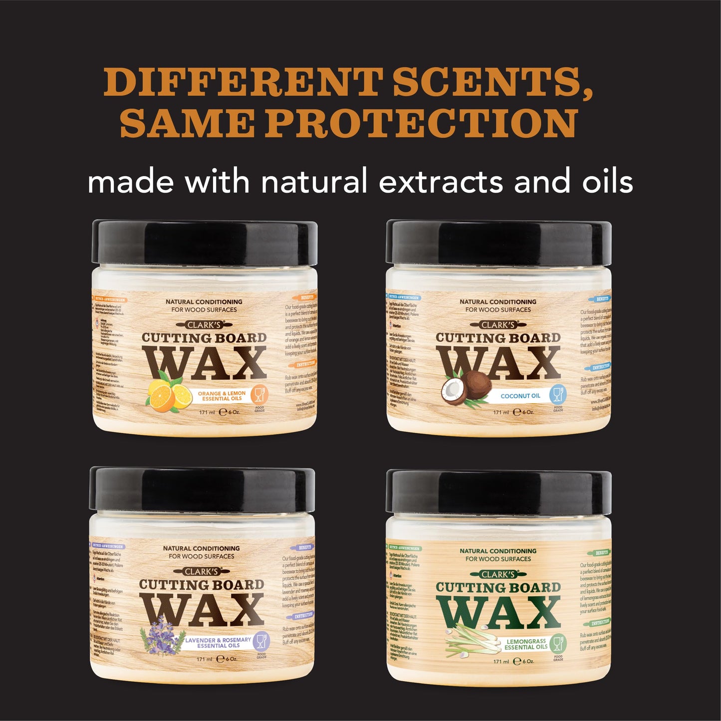 CLARK'S Cutting Board Wax, 946 mL - 2 in 1 Wood Butter & Food Grade Mineral Oil with Beeswax – Butcher Block Conditioner for Cutting Boards – Orange & Lemon Essential Oil Scent