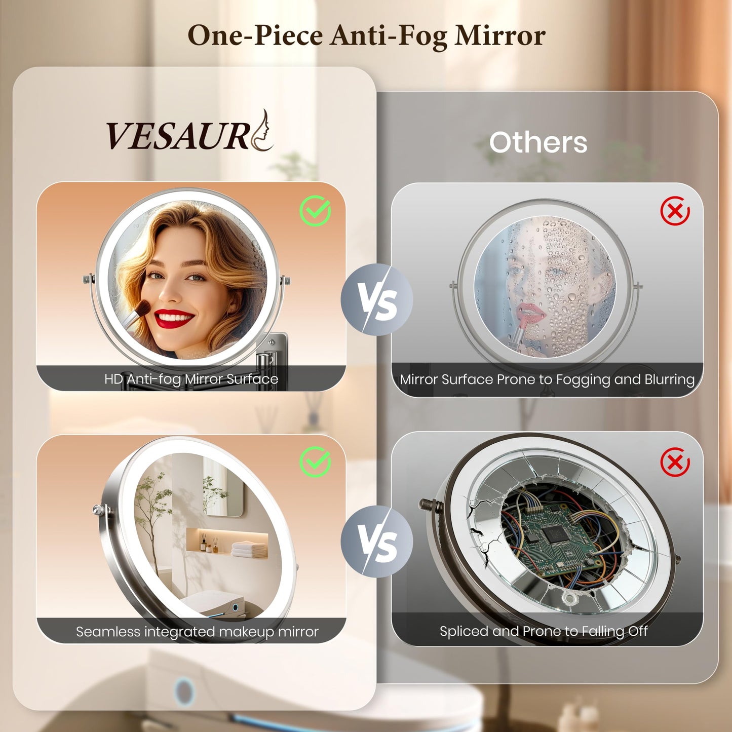 5000mAh Rechargeable Wall-Mounted Lighted Makeup Mirror, 15X HD Magnifying Mirror with 3-Color Dimmable LED Lights, Touch-Sensitive Control, 17" Extendable 360° Swivel Bathroom Mirror, Pearl Nickel