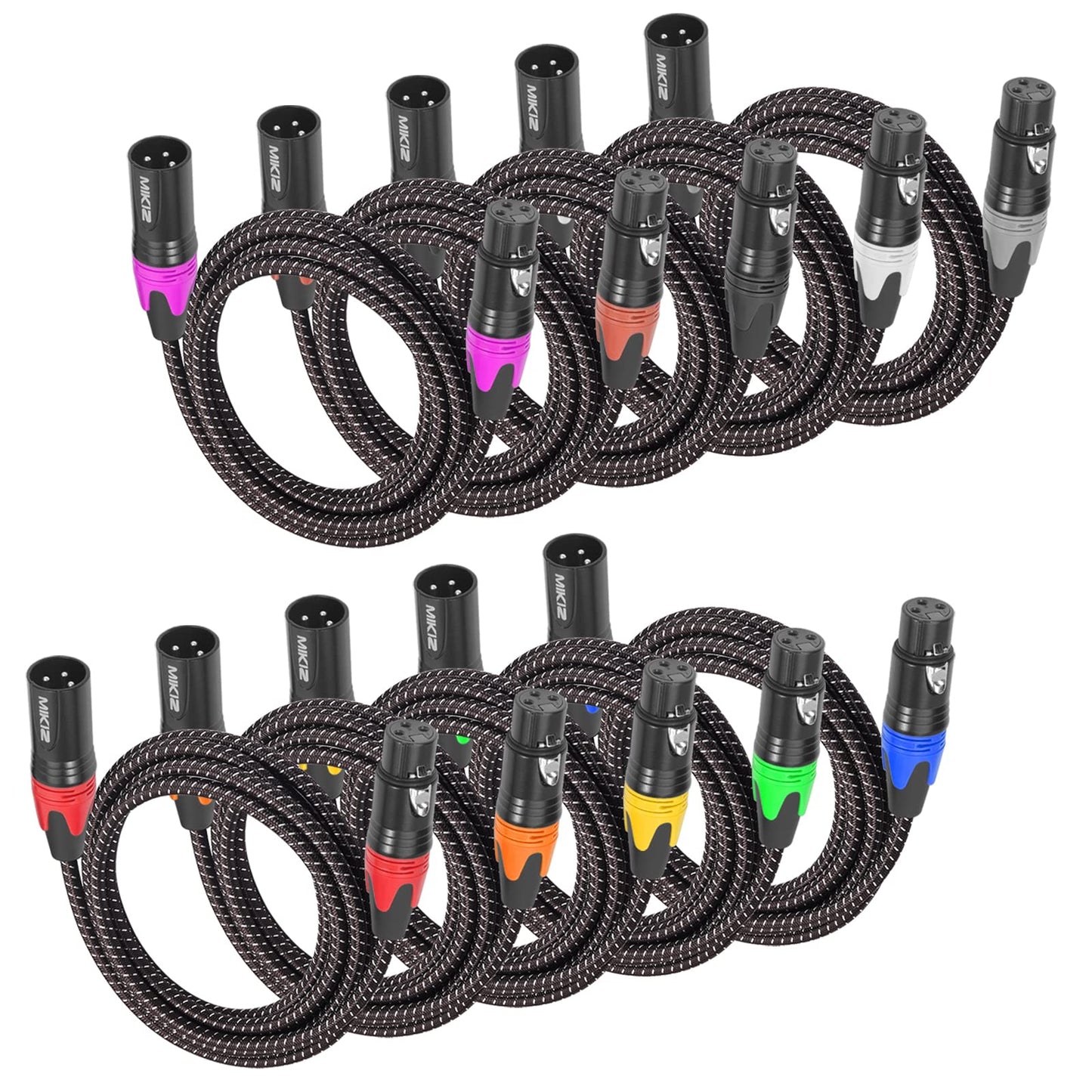 MIKIZ 10ft XLR Cables Male to Female 3 Pins Braided 10 Packs