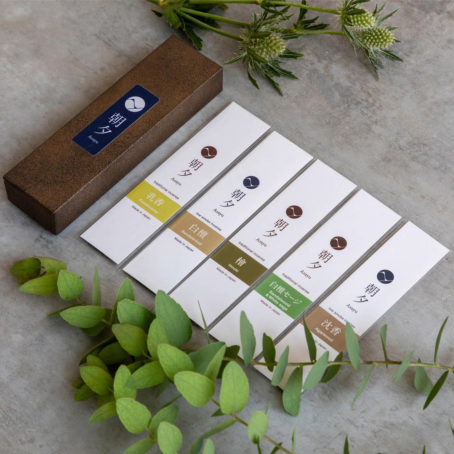 Asayu Japan 100% Natural Incense Sticks Assortment, 5 Scents (Sandalwood, Agarwood, Hinoki Cypress, White Sage, Frankincense), Made in Japan Incense Sampler Variety Pack - Natural Incense 5 scents