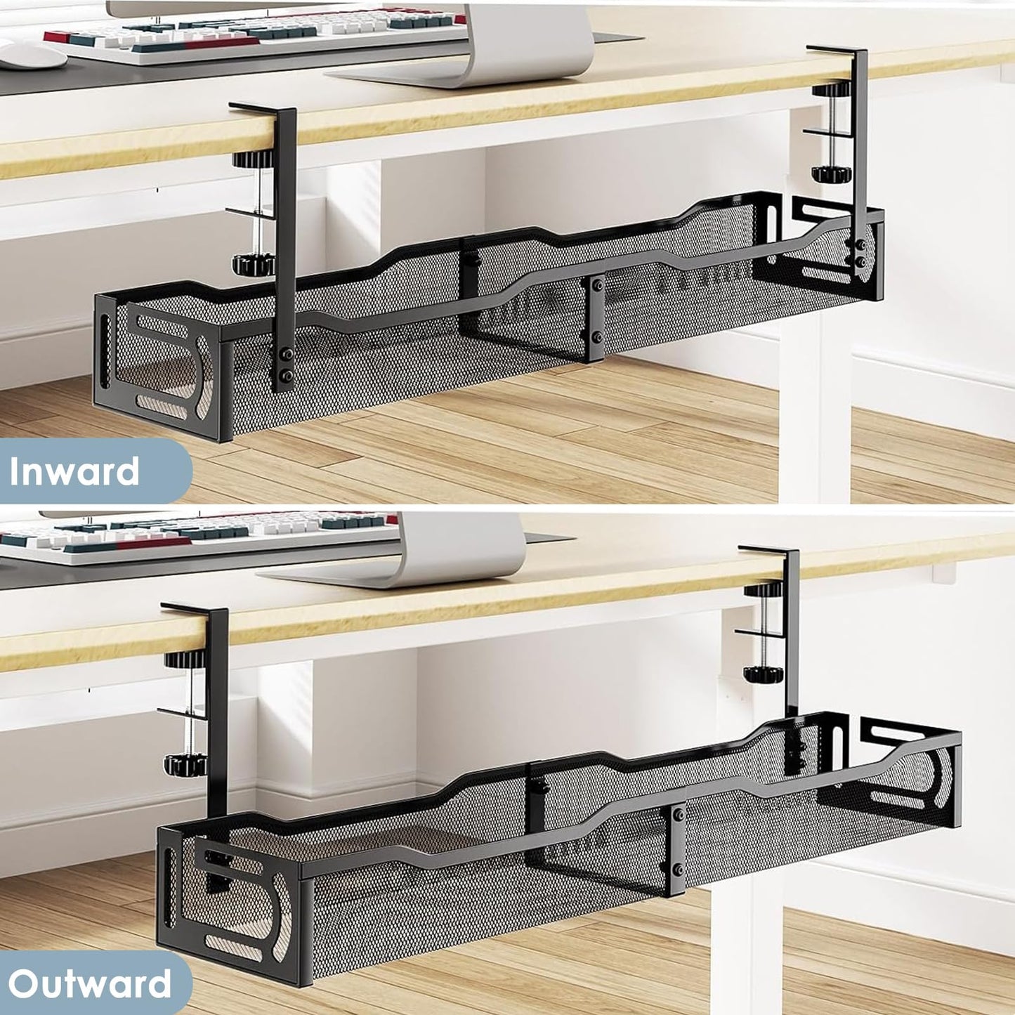Cable Management, 64CM Cable Management Under Desk No Drill, Metal Cord Organizer with Clamp for Standing Desk, Cable Organizer for Home Office, Black