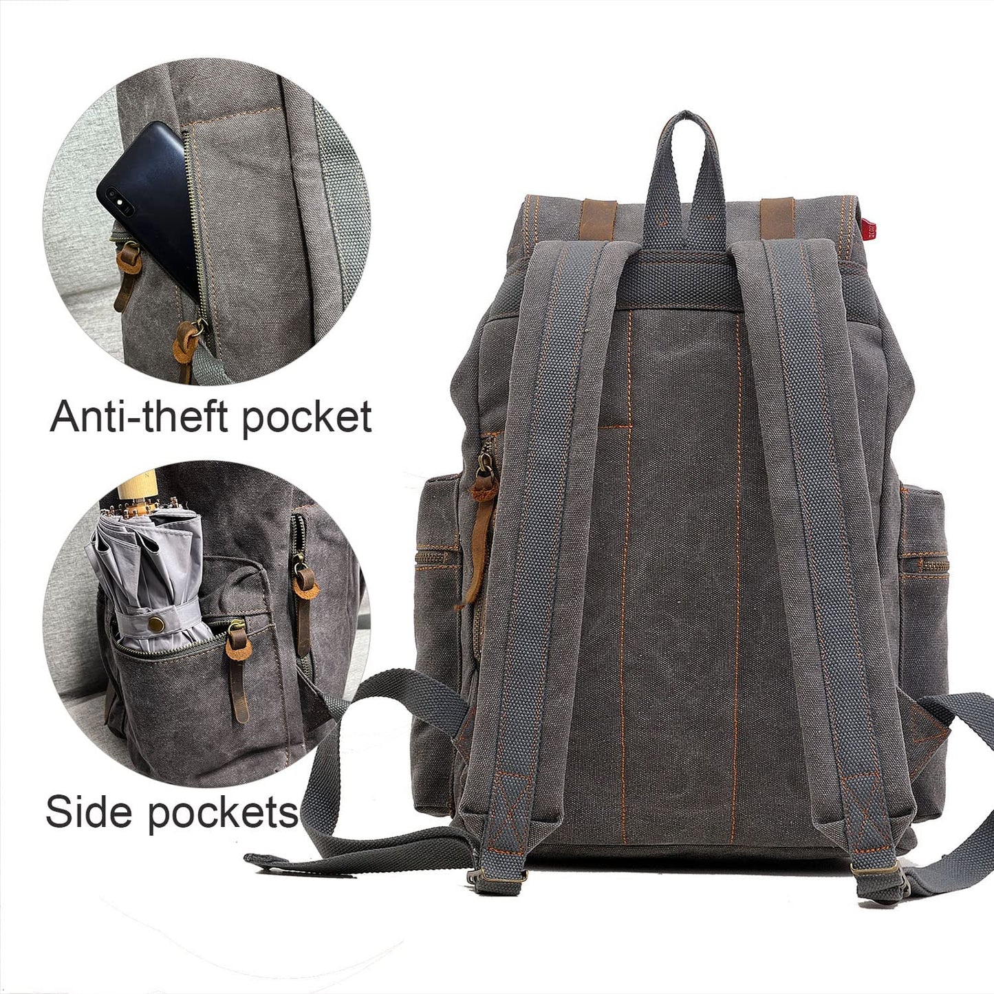 AUGUR Canvas Laptop Backpack, 17 inch Laptop Backpack Unisex Vintage Leather Casual School College Bags Bookbag Hiking Travel Rucksack Business Daypack (L-Grey)