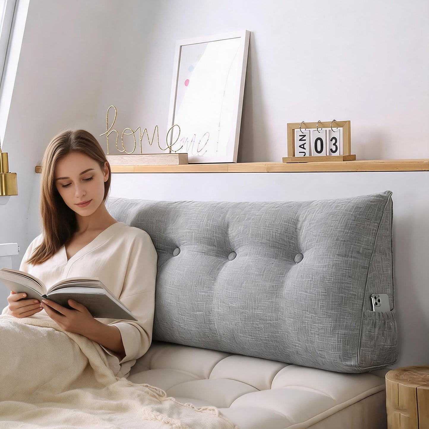 WANKEI Triangular Headboard Pillow,Large Wedge Pillow Decorative Body Throw Pillows Bed Backrest Reading Bolster Lumbar Cushion for Sofa Bed with Removable Cover,Grey-Queen-59(L)x7.8(W)x19.7(H)inch