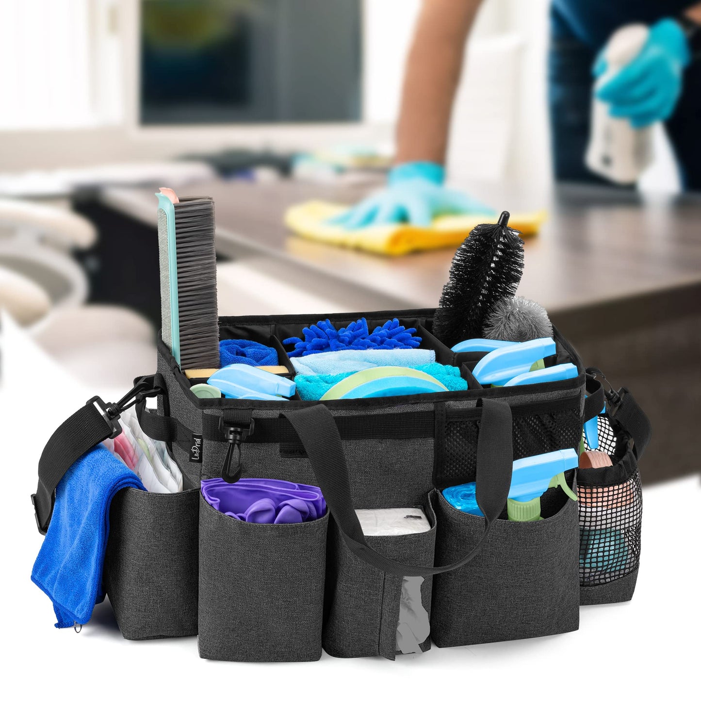 LoDrid Wearable Cleaning Caddy Bag with 4 Foldable Dividers, Tote Organizer with Shoulder Strap and Side Handles for Cleaners & Housekeepers, Black, Bag Only