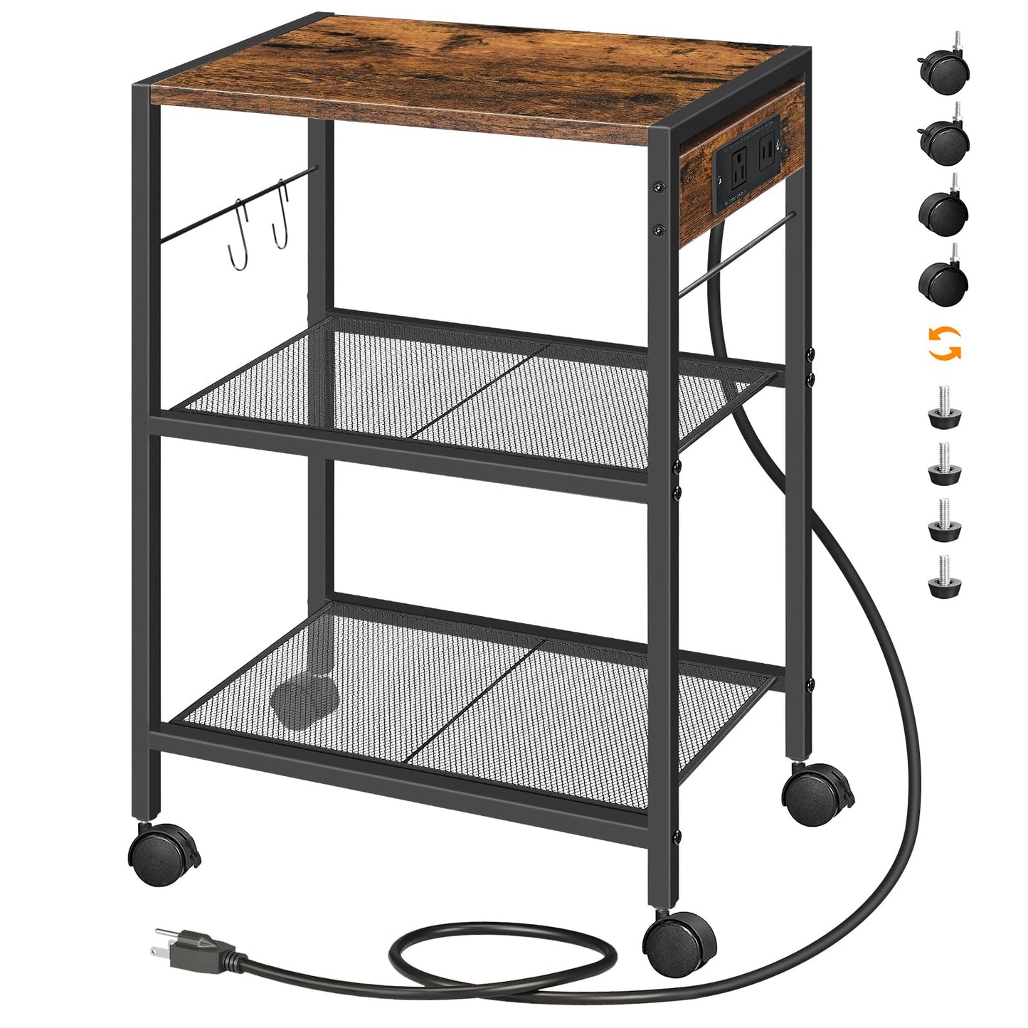 HOOBRO Mobile Printer Stand,3-Tier Industrial Rolling Printer Cart with Power Outlets and USB Ports,Home Printer Stand with 2 Hooks, for Office, Living Room, Rustic Brown and Black BF22UPS01