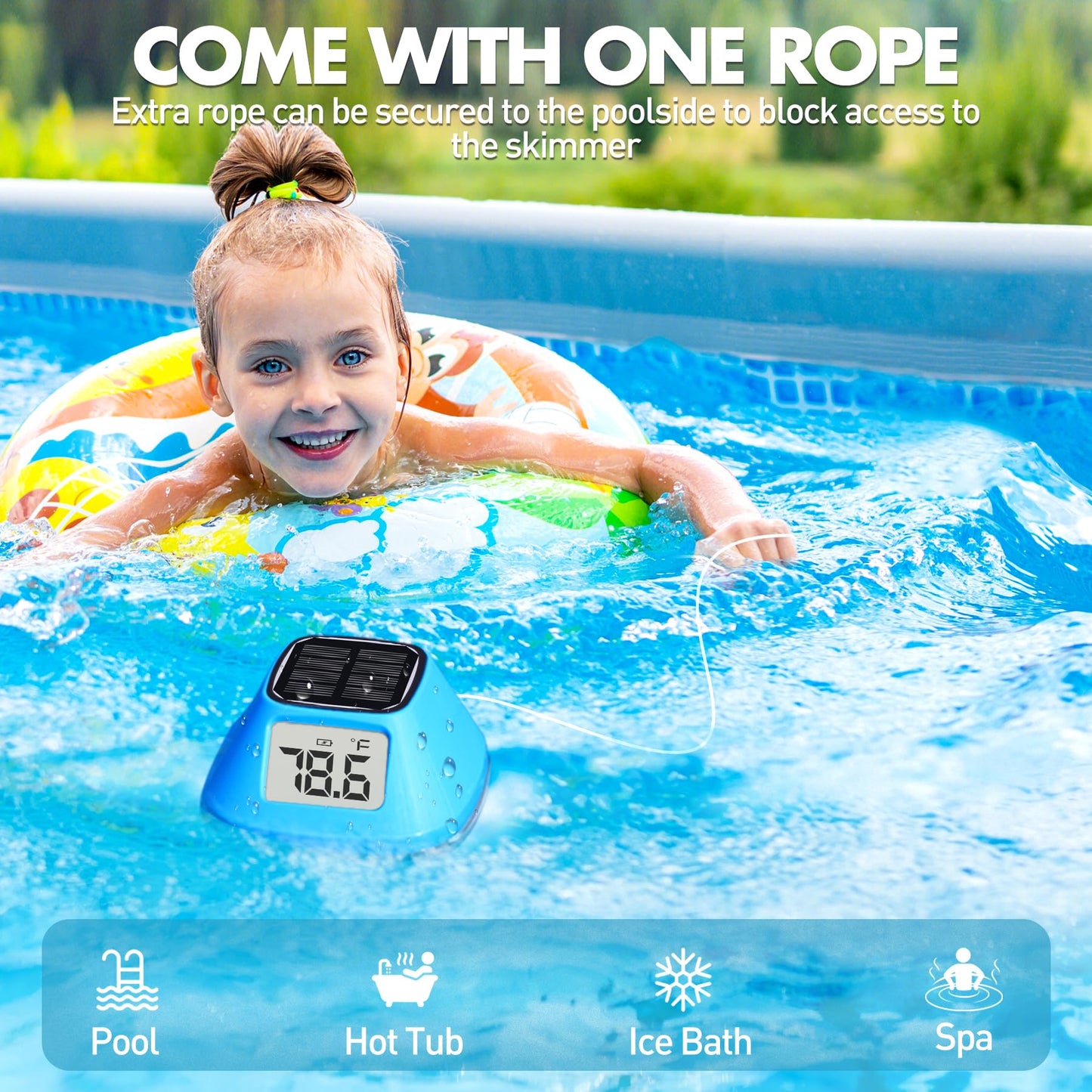DeeprBlu 2025 New Iteration Solar Digital Pool Thermometer with Rope, Easy Read Extra Large Backilt LCD Display Floating Pool Thermometer, IP68 Waterproof Pools Water Temperature Gauge for Hot tub,Spa