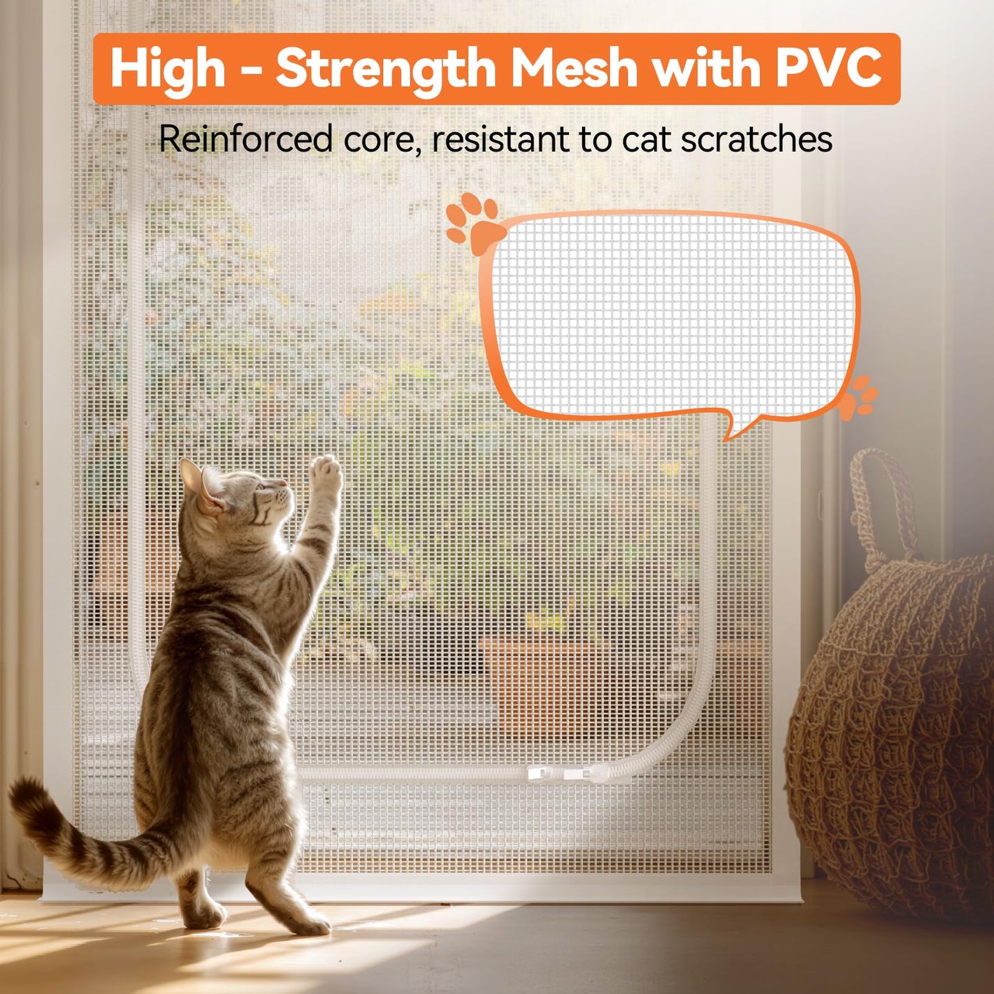 BFNN Cat Screen Door, Extra Tall Cat-Proof Mesh Gate, Fit Door Size 32'' x 80'', Anti Scratch Mesh with Zipper Closure, for Living Room, Kitchen, Bedroom (White, U-Shaped)