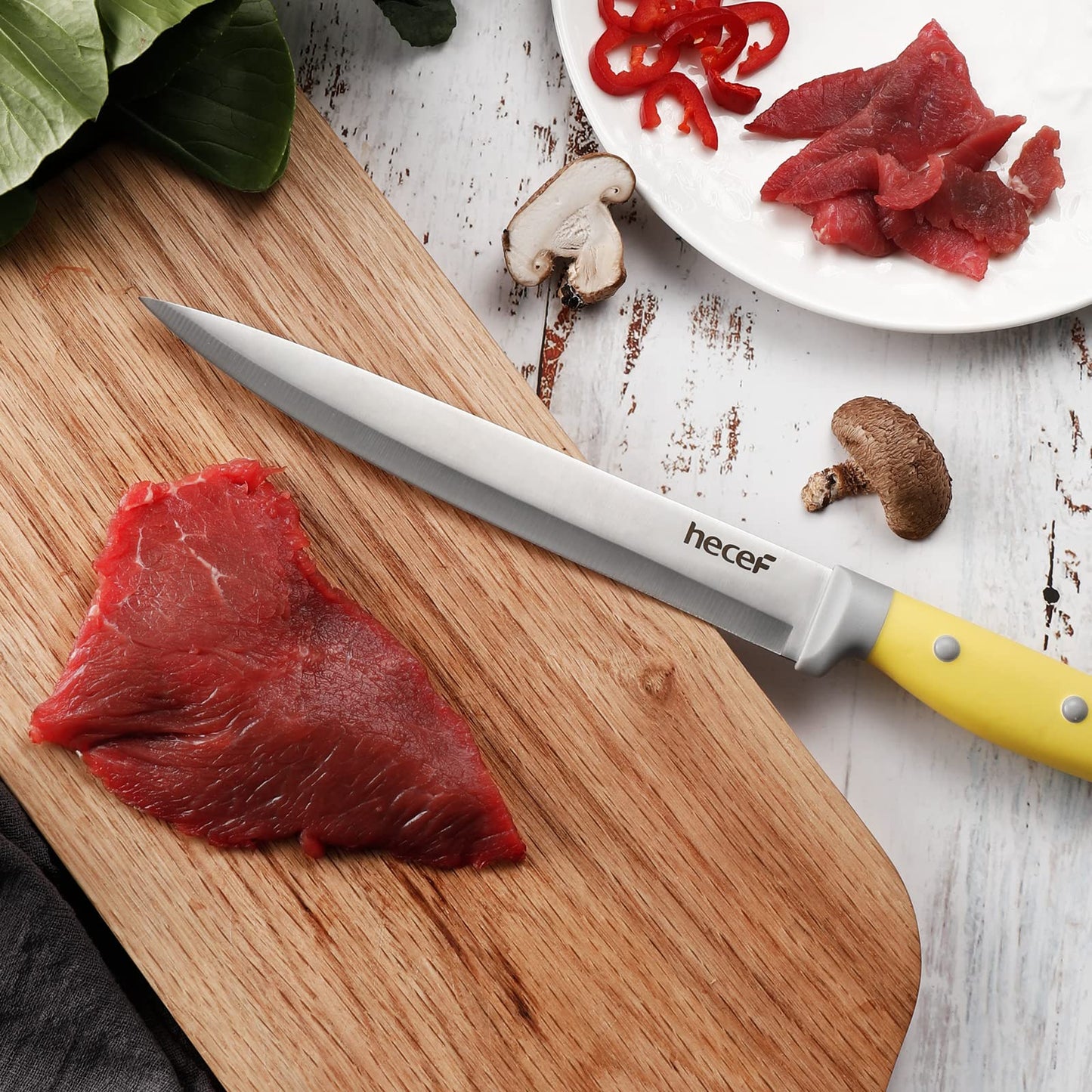 hecef Kitchen Knife Block Set, 14 Pieces Knife Set with Wooden Block & Sharpener Steel & All-Purpose Scissors, High Carbon Stainless Steel Cutlery Set