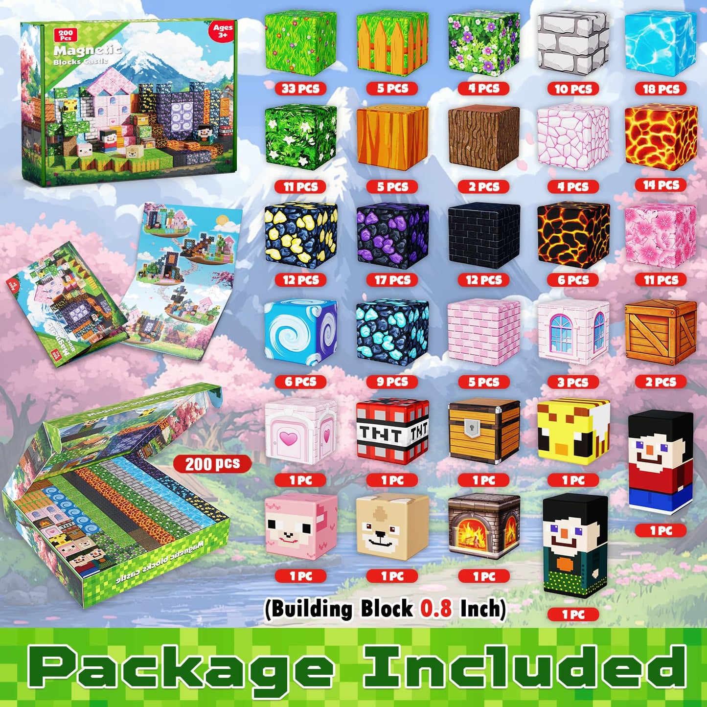 GraceDuck Magnetic Blocks 200 PCS Build Volcano Portal Sakura Forest Castle, Magnetic Building Blocks Stacking Cubes Fun Sensory Toys for Kids Birthday Gifts for 3 4 5 6 7 8 9 10 Year Old Boys Girls
