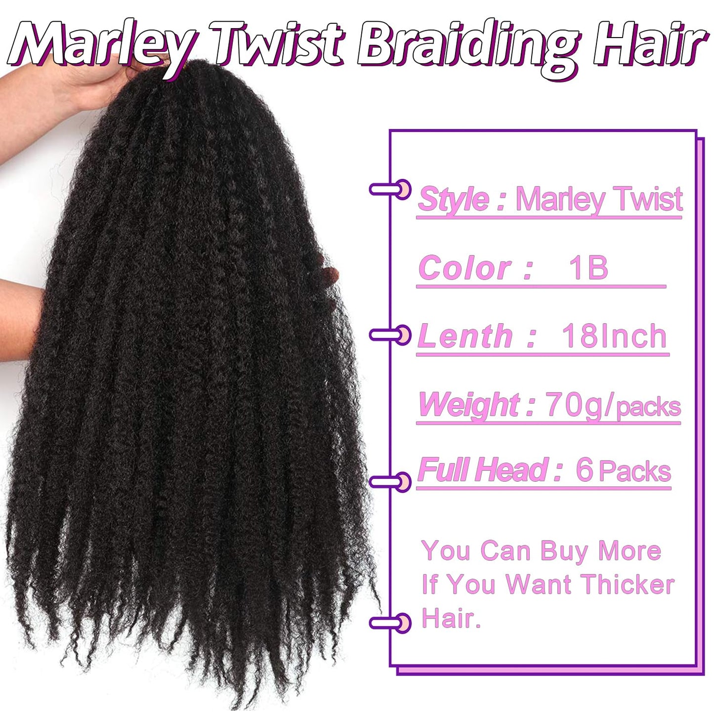 Marley Twist Braiding Hair-18 Inch 180Roots/unfold Soft Soft Marley Twist Hair For Twists 6 Packs Lightweight Cuabn Twist Hair For Black Women (18 Inch 6 Packs, 1B#)