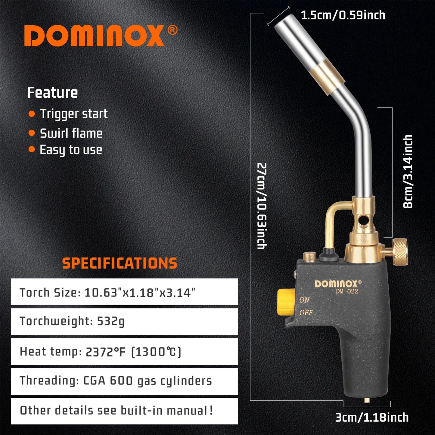 DOMINOX Propane Torch Head, High Intensity Torch Head Trigger Start Gas Torch, Soldering Torch for Propane, MAP and MAPP Tank, Soldering, Ignition, Barbecue, Lighting