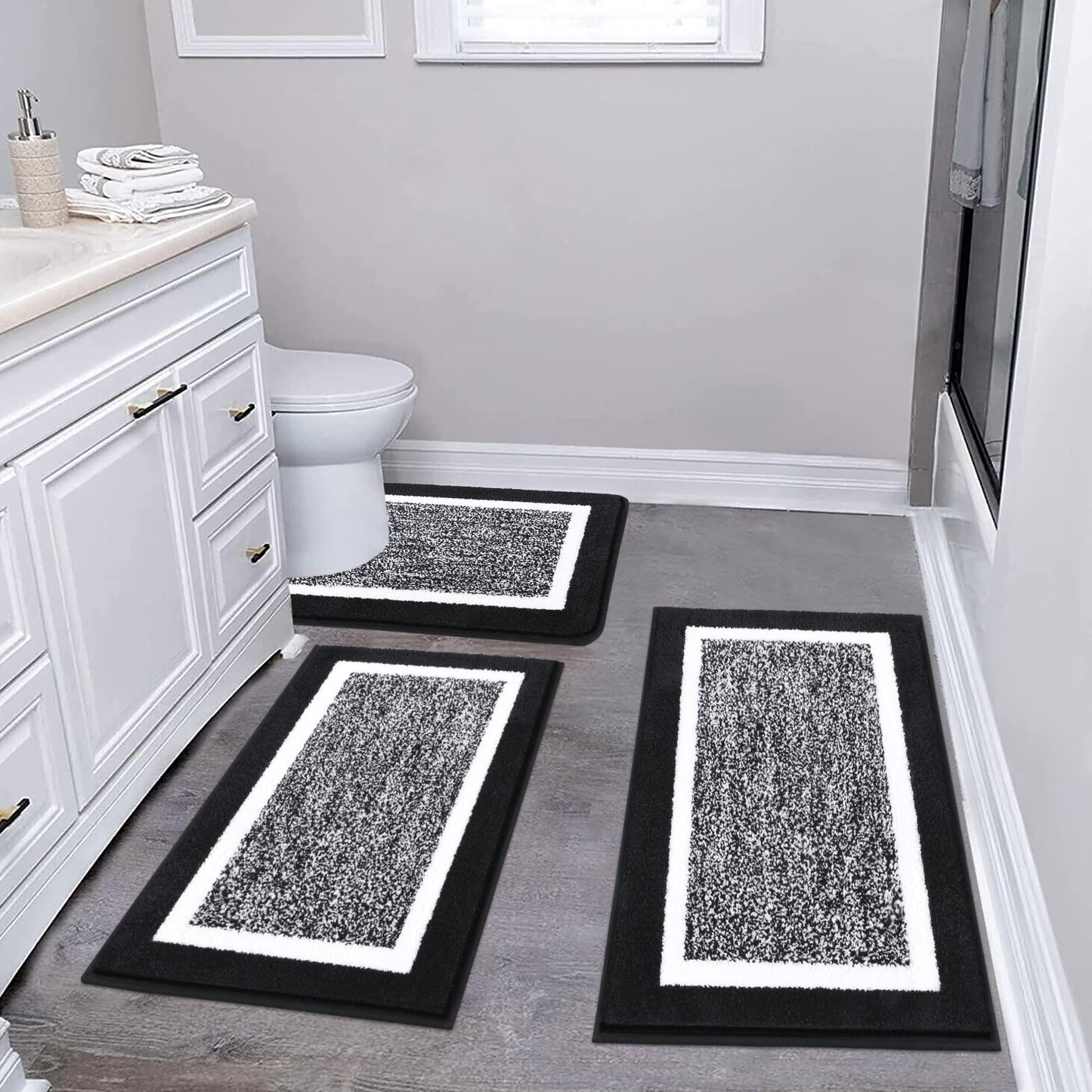 Pauwer Bathroom Rugs Sets 3 Piece Bathroom Shower Rugs with U-Shaped Contour Toilet Mat Absorbent Microfiber Plush Bath Mats Non Slip Bath Rugs Machine Washable Shaggy Bathroom Floor Mats, Black
