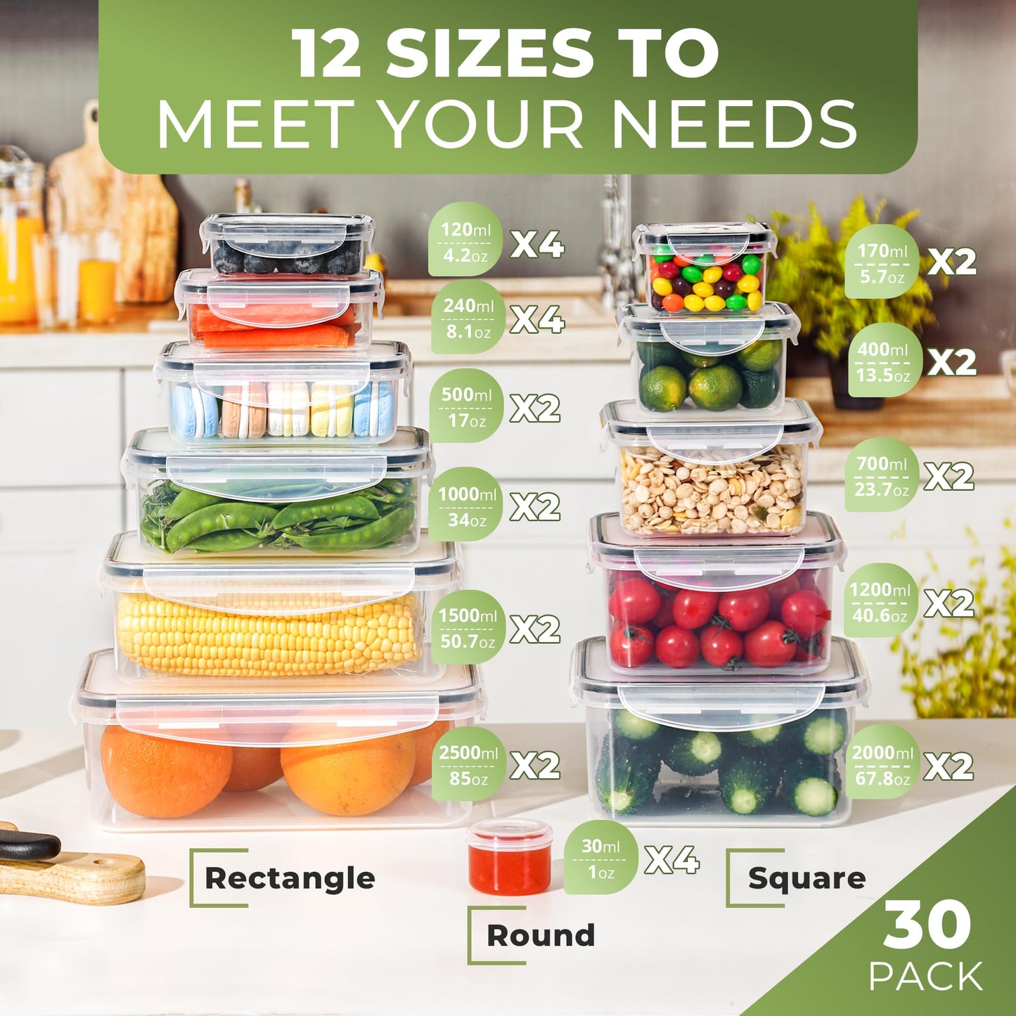 60 PCS Food Storage Containers with Lids Airtight, Plastic Food Container Set, SIKITUT Airtight Storage Containers for Home, Kitchen, Leak Proof, BPA-Free (30 PACK)