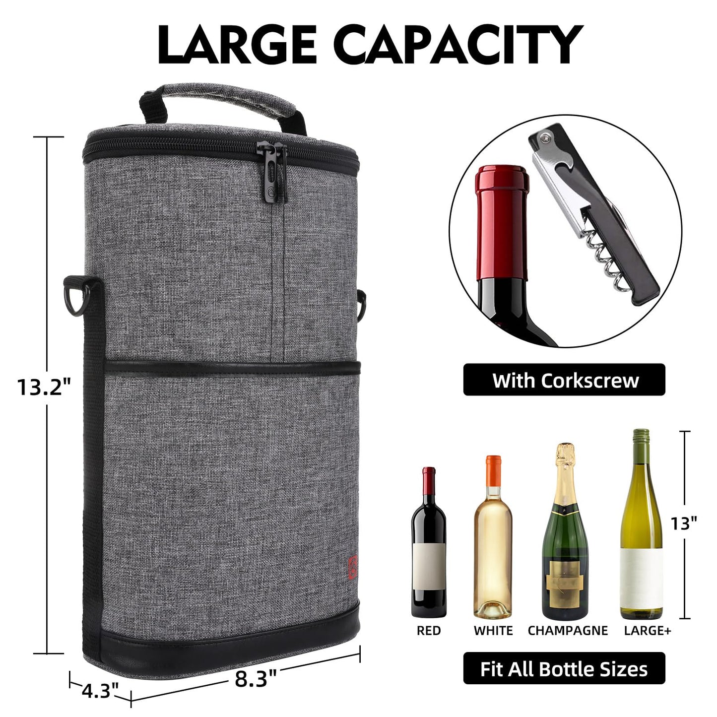 ALLCAMP 2 Bottle Wine Tote Carrier - Insulated Portable Padded Canvas Wine Bag for Travel, BYOB Restaurant, Wine Tasting, Party, Great Christmas Day Gift for Wine Lover,Gray