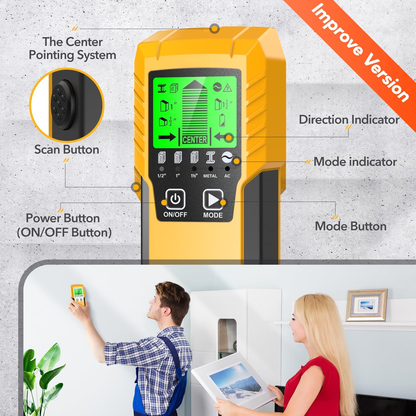 Stud Finder Wall Scanner Detector - 5 in 1 Electronic Wall Wood Metal Stud Locator Edge Center Sensor Beam for Live AC Wire Pipe Metal Lumber Joist Drywall Framing Detection (Yellow)