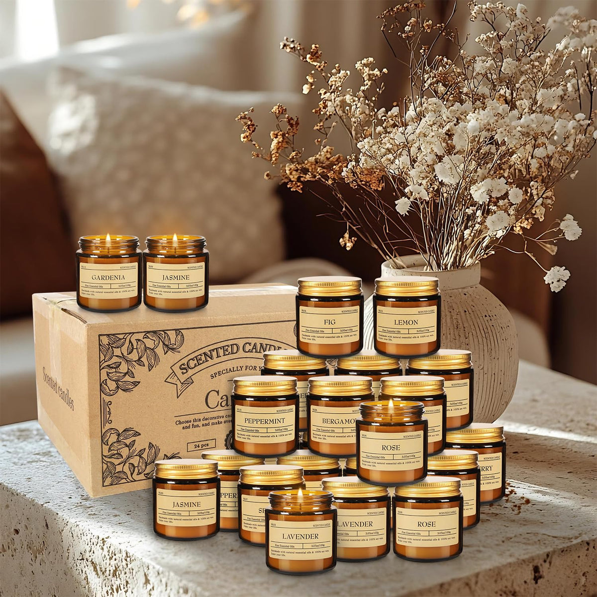 CLTNIKET 24-Pack 3.5oz Amber Jar Scented Candles Set - Natural Soy Wax & Essential Oils Aromatherapy Candles for Mother's Day, Yoga, Home Scene & Gatherings
