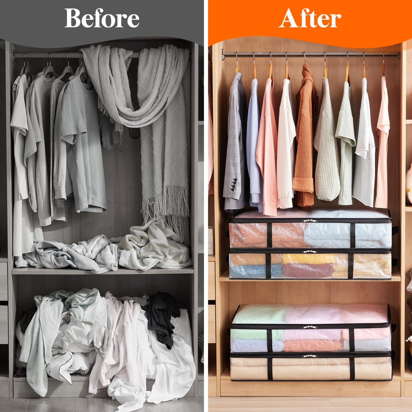 Lifewit 4 Pack Under Bed Storage, Large Clear Plastic Storage Bags, Clothes Storage Boxes Wardrobe Storage Organizer with Reinforced Handle Durable PP Fabric for Bedding Clothes Blanket, 60L