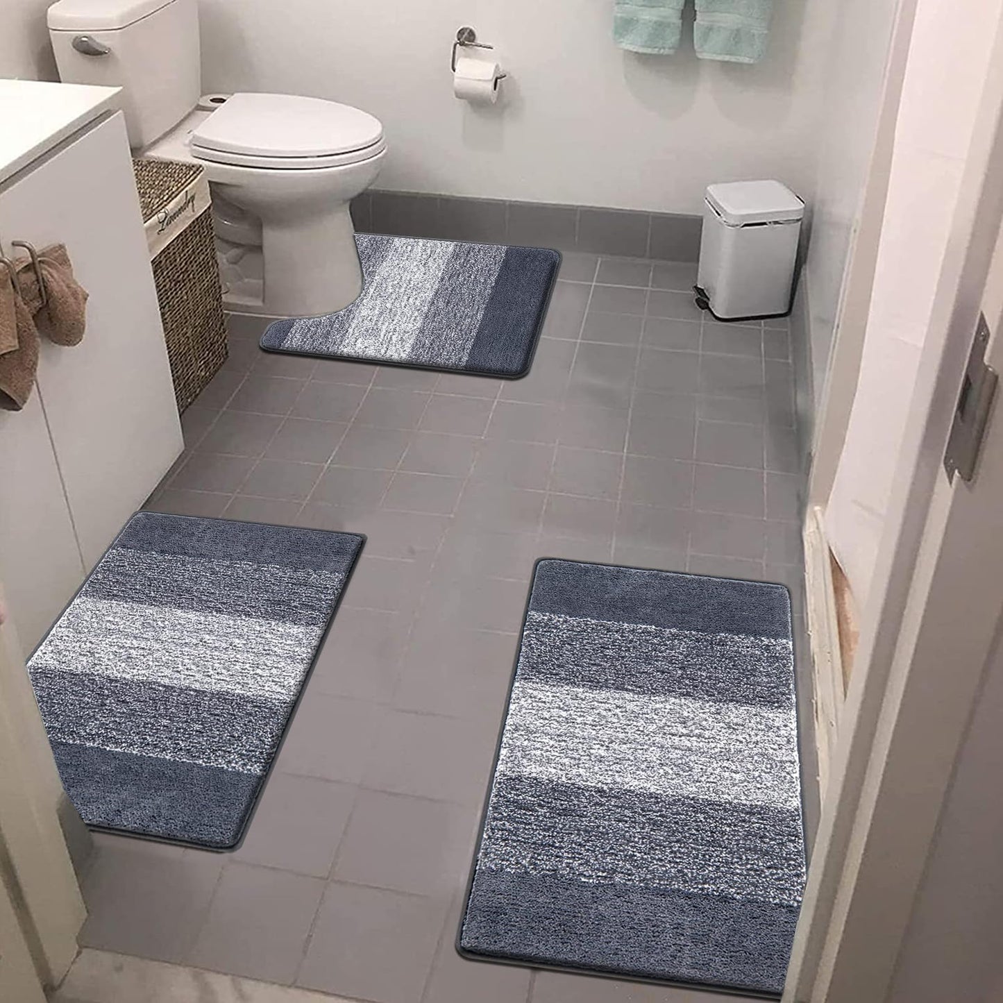 Pauwer Bathroom Rugs Set 3 Piece Microfiber Bath Mats for Bathroom Non Slip Bath Floor Mats with U-Shaped Contour Mat Toilet Rug Absorbent Shower Mats Washable Shaggy Rugs for Bathroom