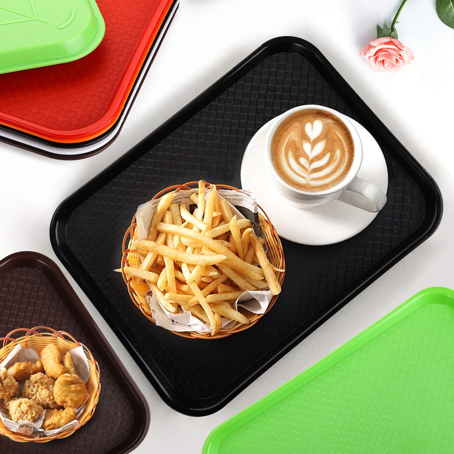 Yarlung 12 Pack Fast Food Tray, 13.7 x 10.5 Inch Plastic Restaurant Serving Tray Cafeteria Tray for Coffee Table, Party, Black