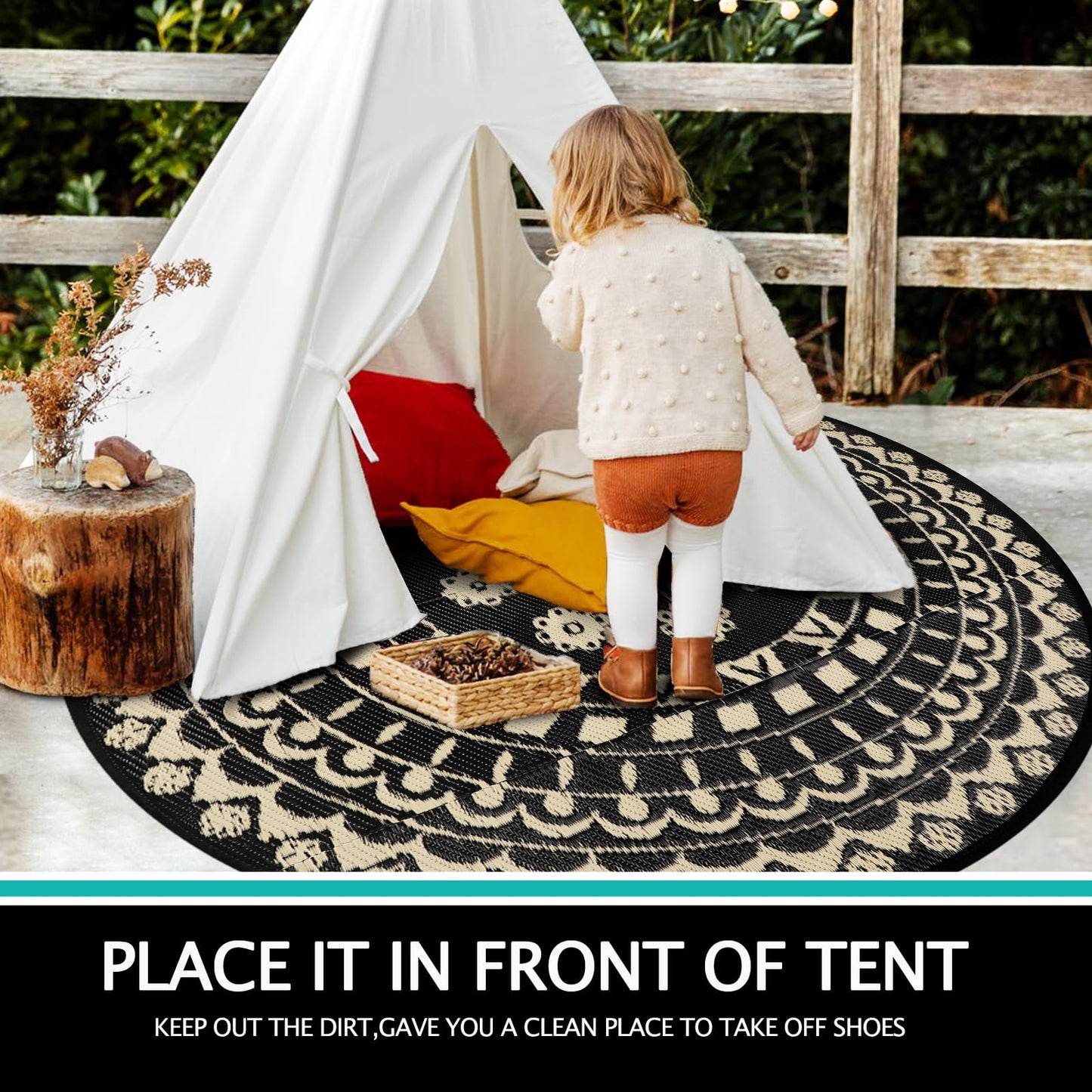 Capslpad 6'x6' Outdoor Rug for Patio Reversible Mat Waterproof Plastic Straw Rug Boho Circle Indoor Outside Area Rug for RV Camping Picnic Pool Tent Balcony Beach Deck Doormats Decor