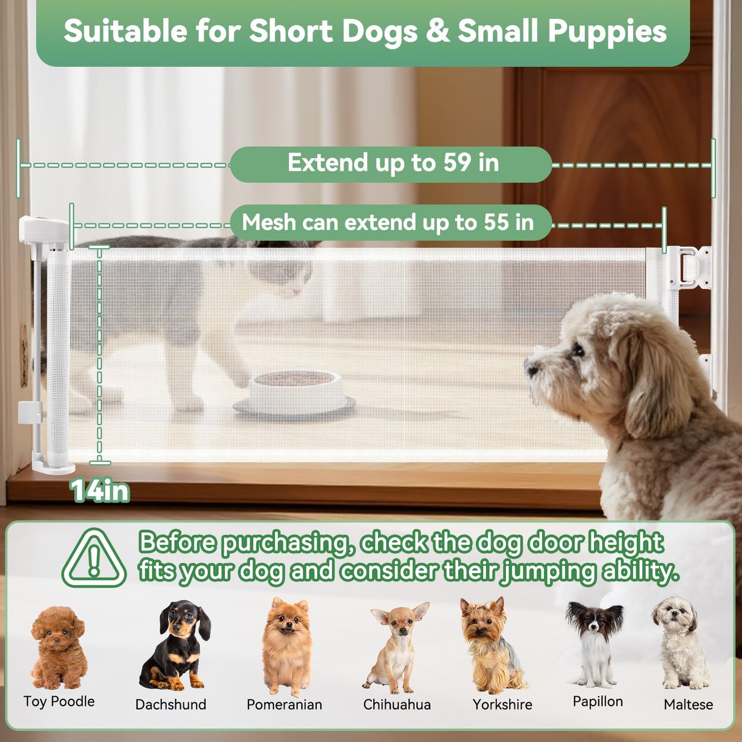 Crazydeer 2 Packs Set 14" Tall Short Dog Gate to Step Over, Retractable Mesh Pet Door for Small Puppy, Extended up to 55" Wide for Indoor Stairs Doorways and Hallway(White)