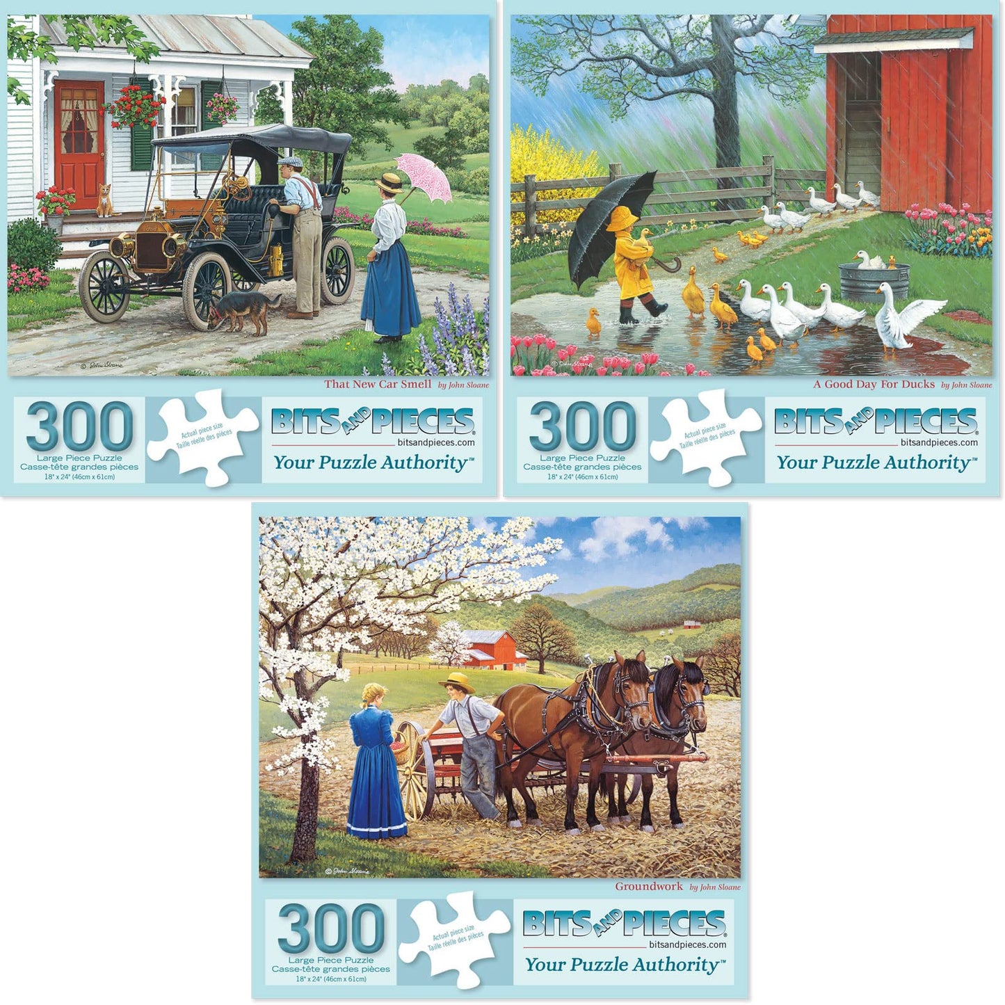 Bits and Pieces - Value Set of Three (3) 300 Piece Jigsaw Puzzles for Adults - Each Puzzle Measures 46cm x 61cm - 300 pc That New Car Smell, a Good Day for Ducklings, Jigsaws by Artist John Sloane
