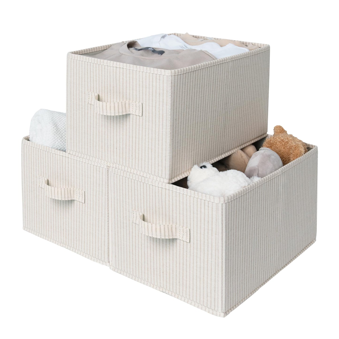 StorageWorks Storage Baskets for Shelves, Foldable Fabric Closet Storage Bins with Handles, Fabric Storage Bins Clothes Organizer, Beige Stripes, 3-Pack, Medium