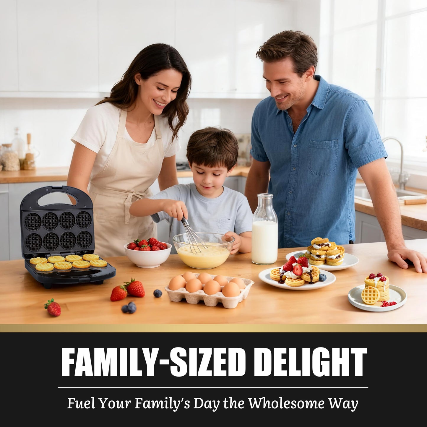 FineMade Mini Waffle Maker Machine, Small Waffle Bites Maker for Kids, Makes 8 x 2” Tiny Waffle Bites, Ideal for Breakfast, Snacks, Desserts and More