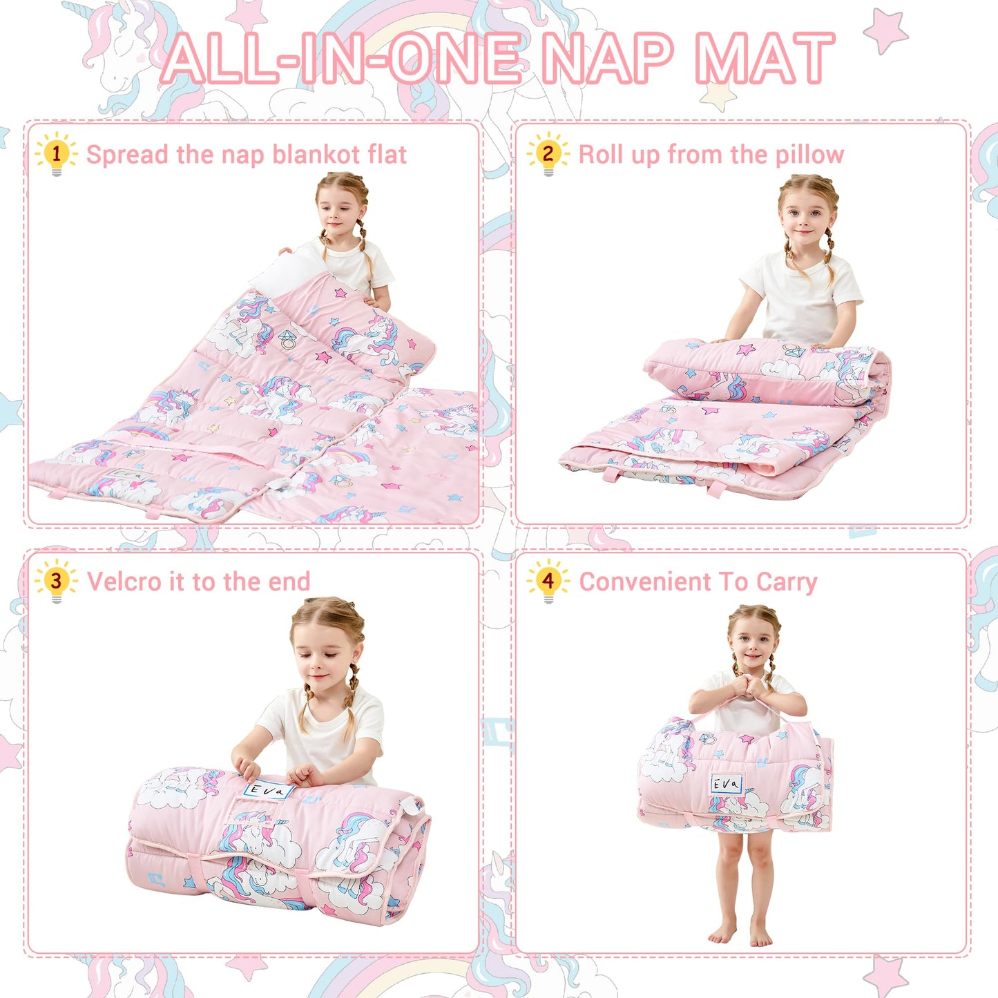Lasoftan Toddler Nap Mat with Pillow and Blanket, Extra Large Rolled Napping Mats,Slumber Bags for Boys Girls,Kids Sleeping Bag for Daycare, Preschool Travel Camping, Unicorn