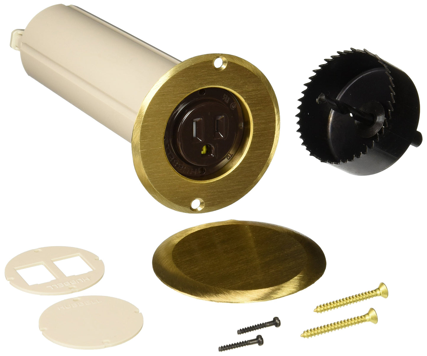 Hubbell Raco 6RF151SR Round Nonmetallic Drop-in Floor Box Kit, Single Tamper Resistant 15A Receptacle & 2-1/2-Inch Hole Saw, Includes Flange, Brass