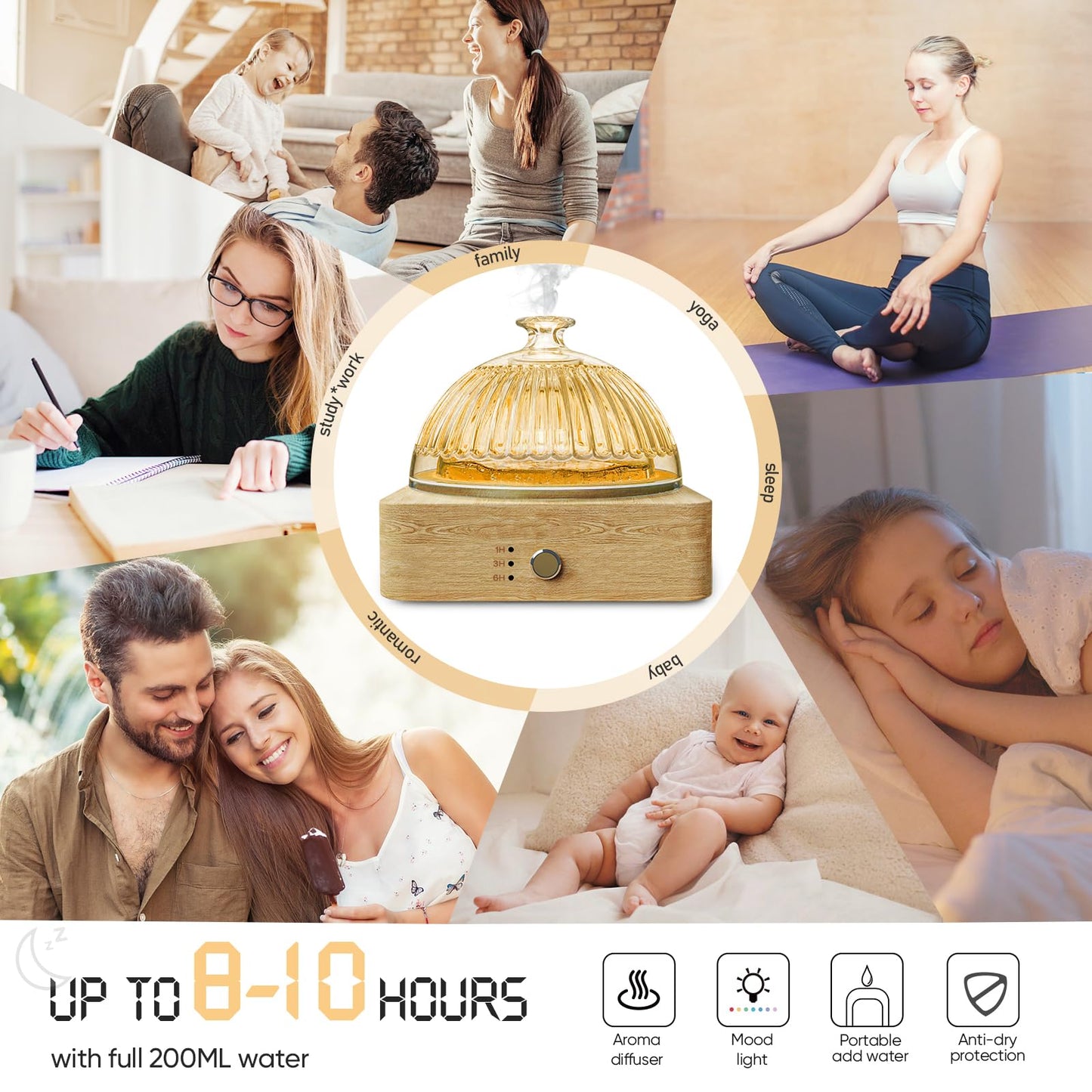 Glass Dome Essential Oil Diffuser with Glass Reservoir & Wood Base-Plastic Free, 200ml Ultrasonic Glass Diffuser for Aromatherapy with Timer 7 Color Light Auto-Off for Gift Home Office Yoga Pilates