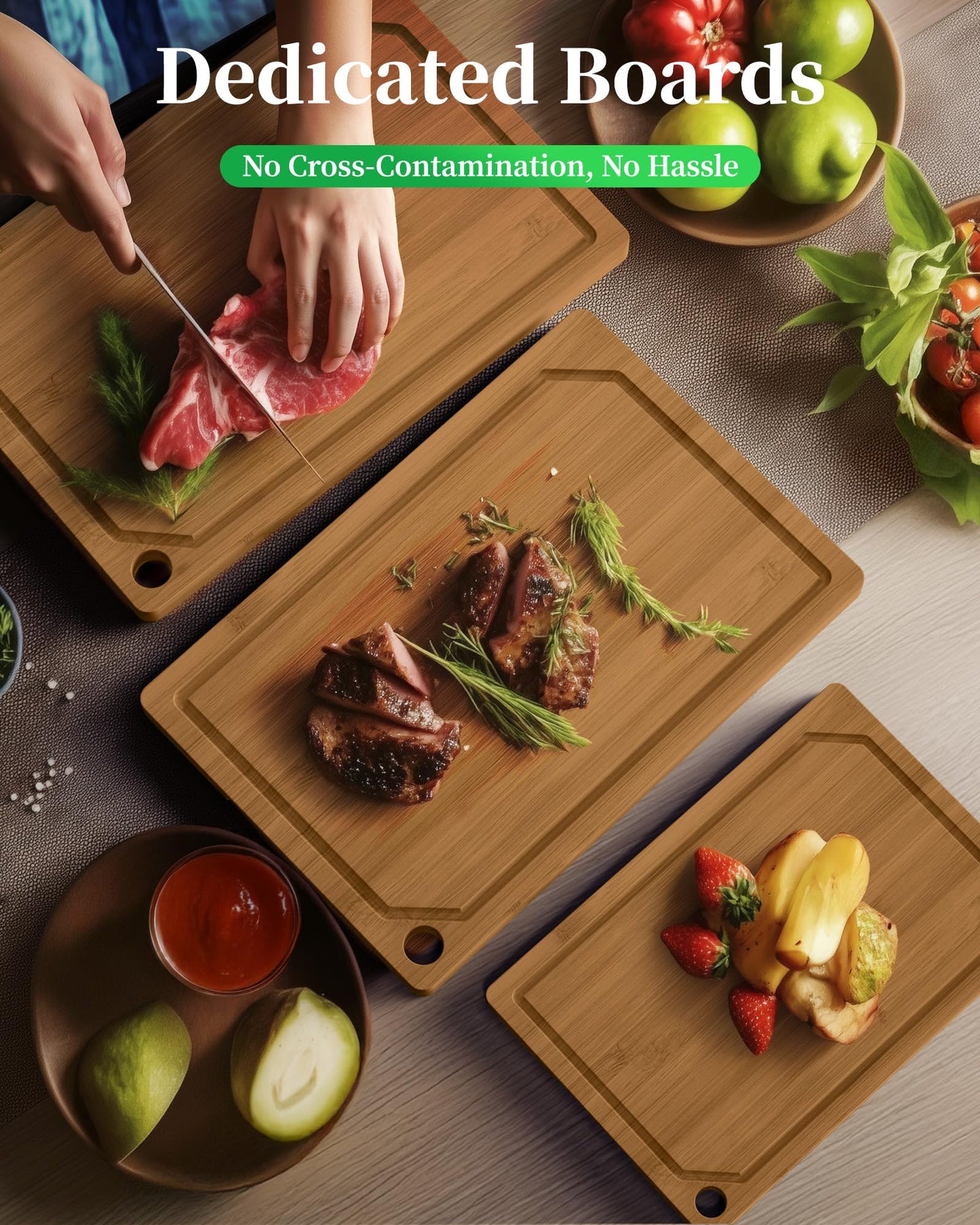 Kitsure Cutting Board Set - Cross-Laminated Bamboo Cutting Boards for Kitchen with Juice Grooves and Built-in Handles, Ideal Kitchen Gadgets for Versatile Prep & Serving, 3-Piece, Brown