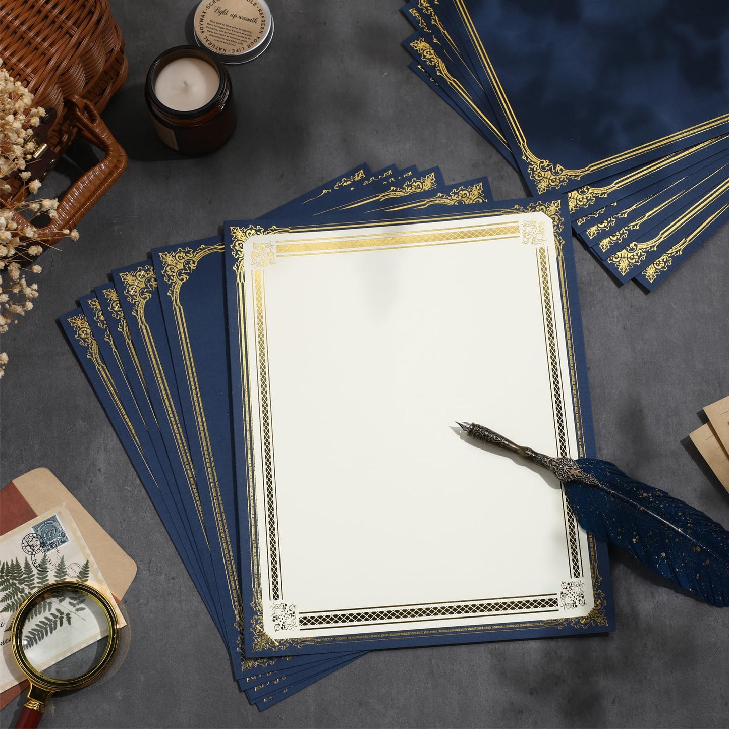Kosiz 50 Pcs Navy Blue Linen Textured Single Sided Certificate Holders with Gold Foil Border Diploma Cover for 8.5 x 11'' Letter Sized Award Cardstock Graduation Diploma Holder for Competition Supply