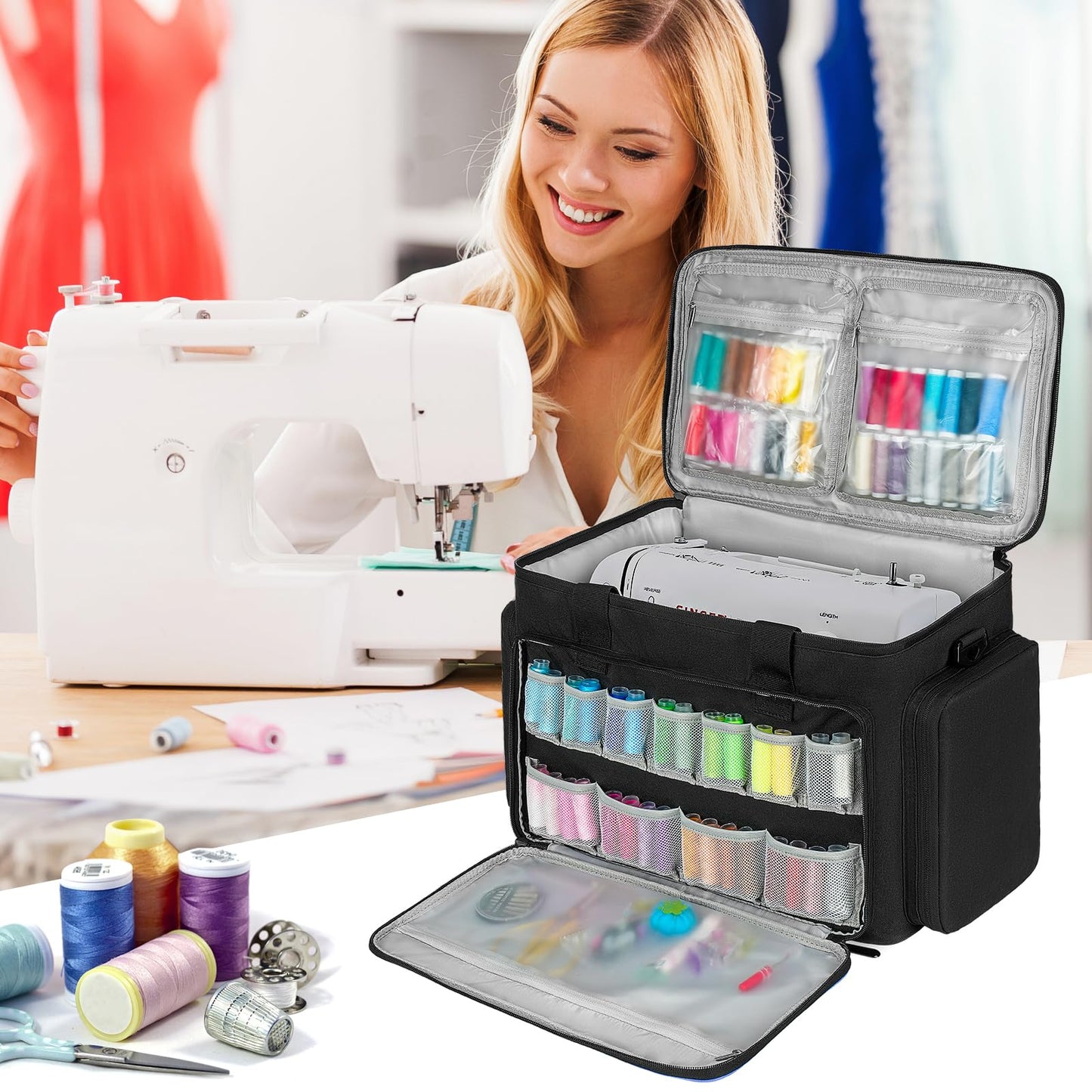 Sewing Machine Carrying Case Bag Compatible with Most Standard Singer,Brother,Janome with Multiple Storage Pockets,Universal Travel Tote Bag with Shoulder Strap for Sewing Machine and Supplies