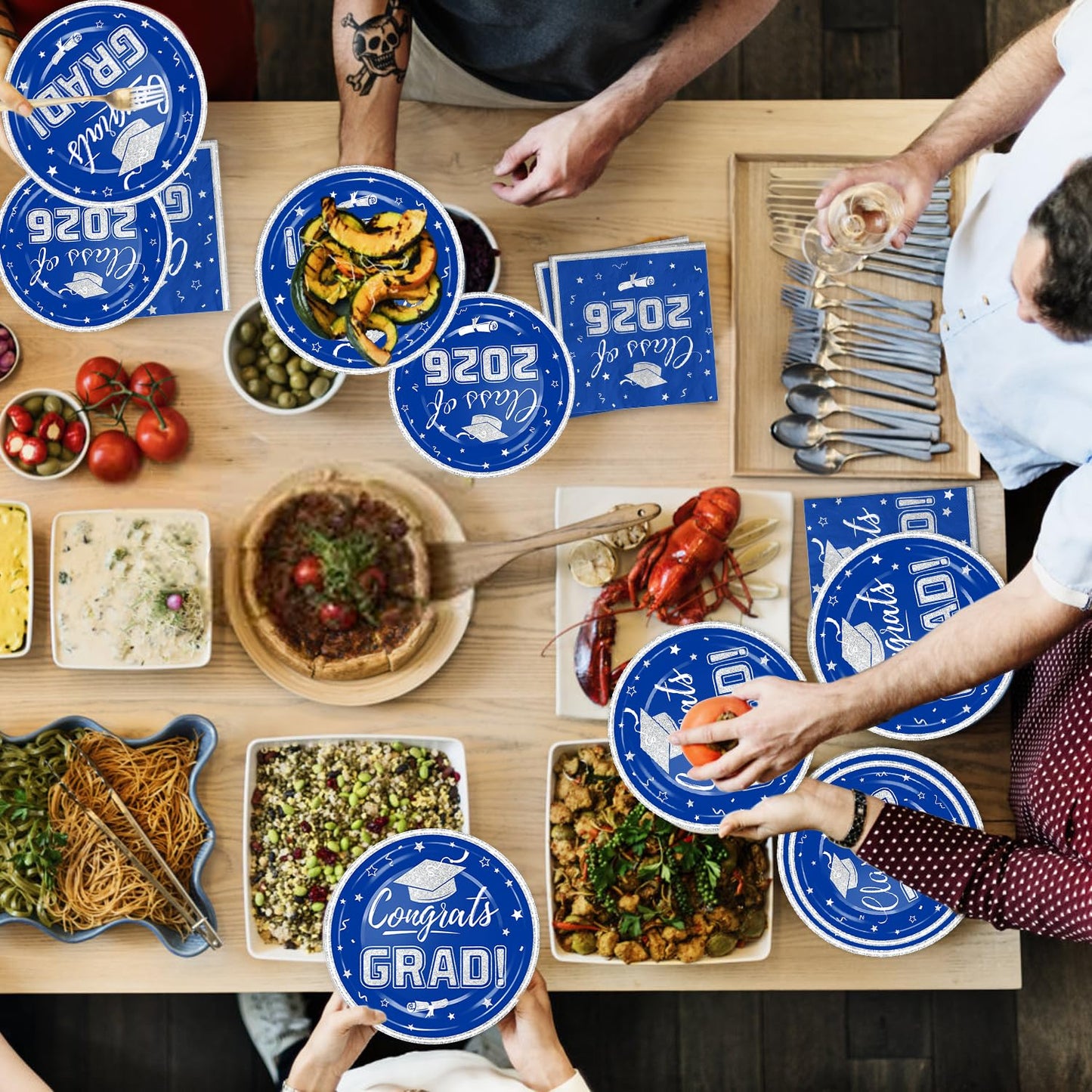 Blue and Silver Graduation Party Plates and Napkins 2026 - Congrats Grad Disposable Paper Plates Cocktail Napkins Luncheon Napkins for Graduation Party Decorations, Serve 50