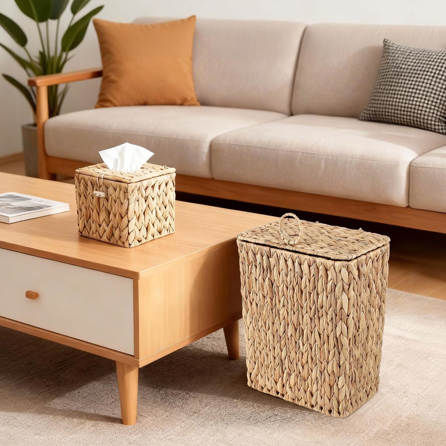 BSSN 4 Gallon Handwoven Rattan Trash Can with Lid for Bedroom, Living Room, Bathroom (Rectangular)