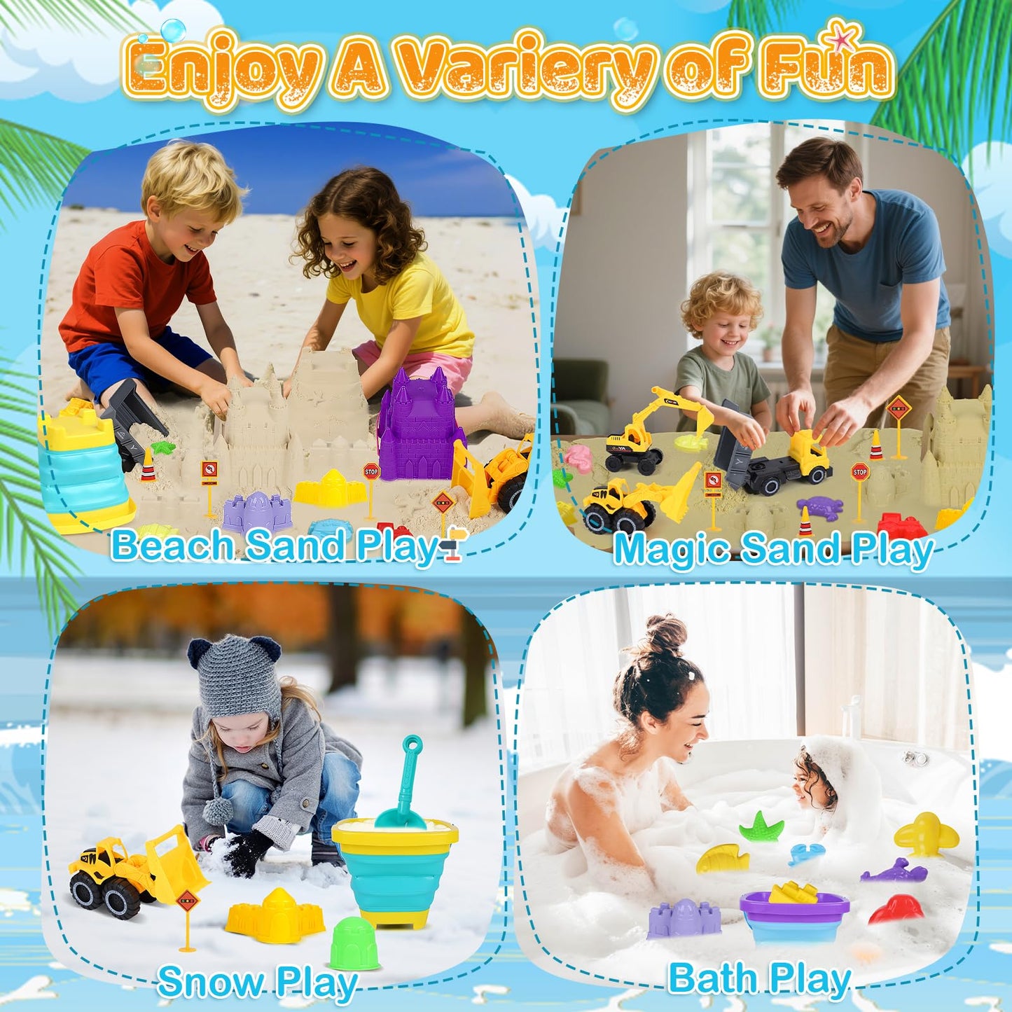 Beach Sand Toys for Kids - 31Pcs Sandbox Toy Set with 3 Trucks, 2 Collapsible Buckets, 2 Castle Buckets, Sand Molds, Shovels & Mesh Bag, Travel Summer Toy for Toddlers Boys Girls Age 3-10