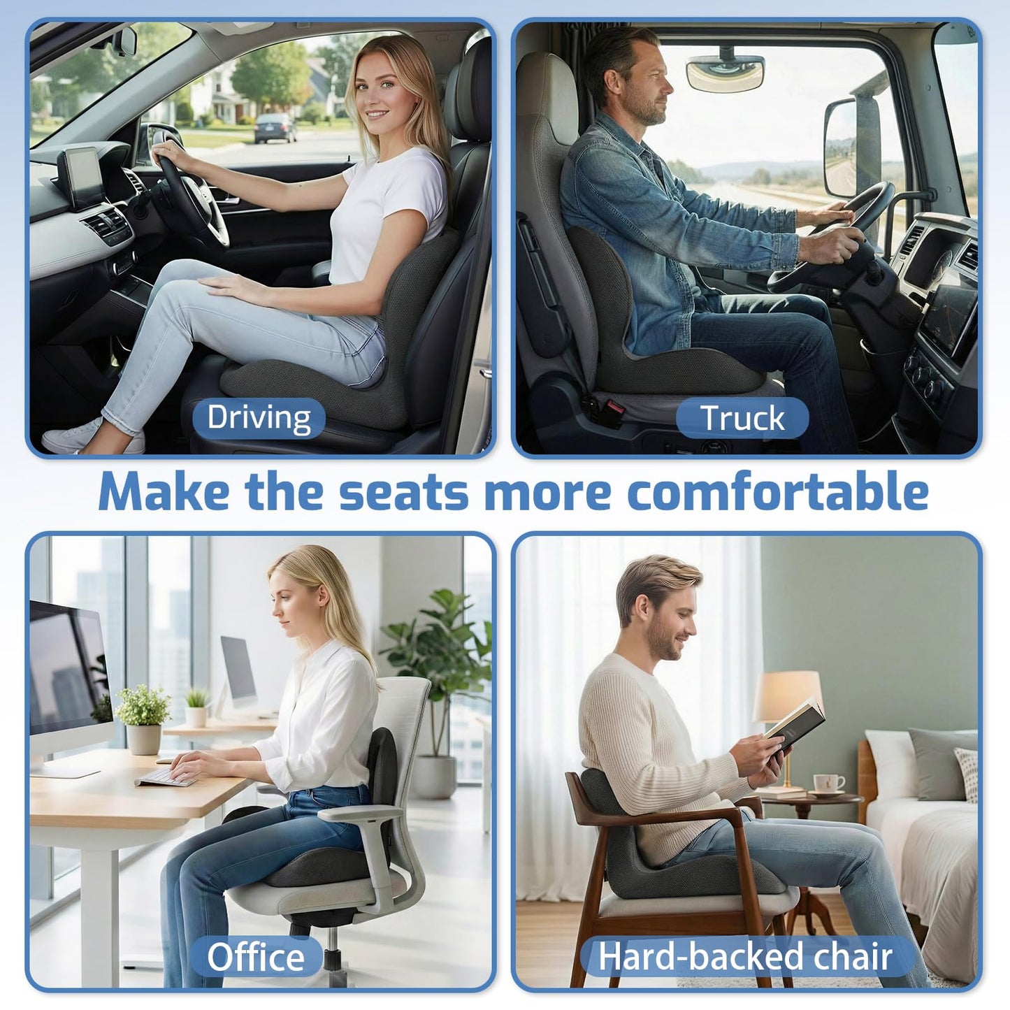 Ergonomic Seat Cushion,Memory Foam Cushion for Office Chair,Non Slip Car Seat Cushion,Designed for Long Sitting,Tailbone,Back Pain Relief,for Office,Home,Car Drivers,Desk Chair