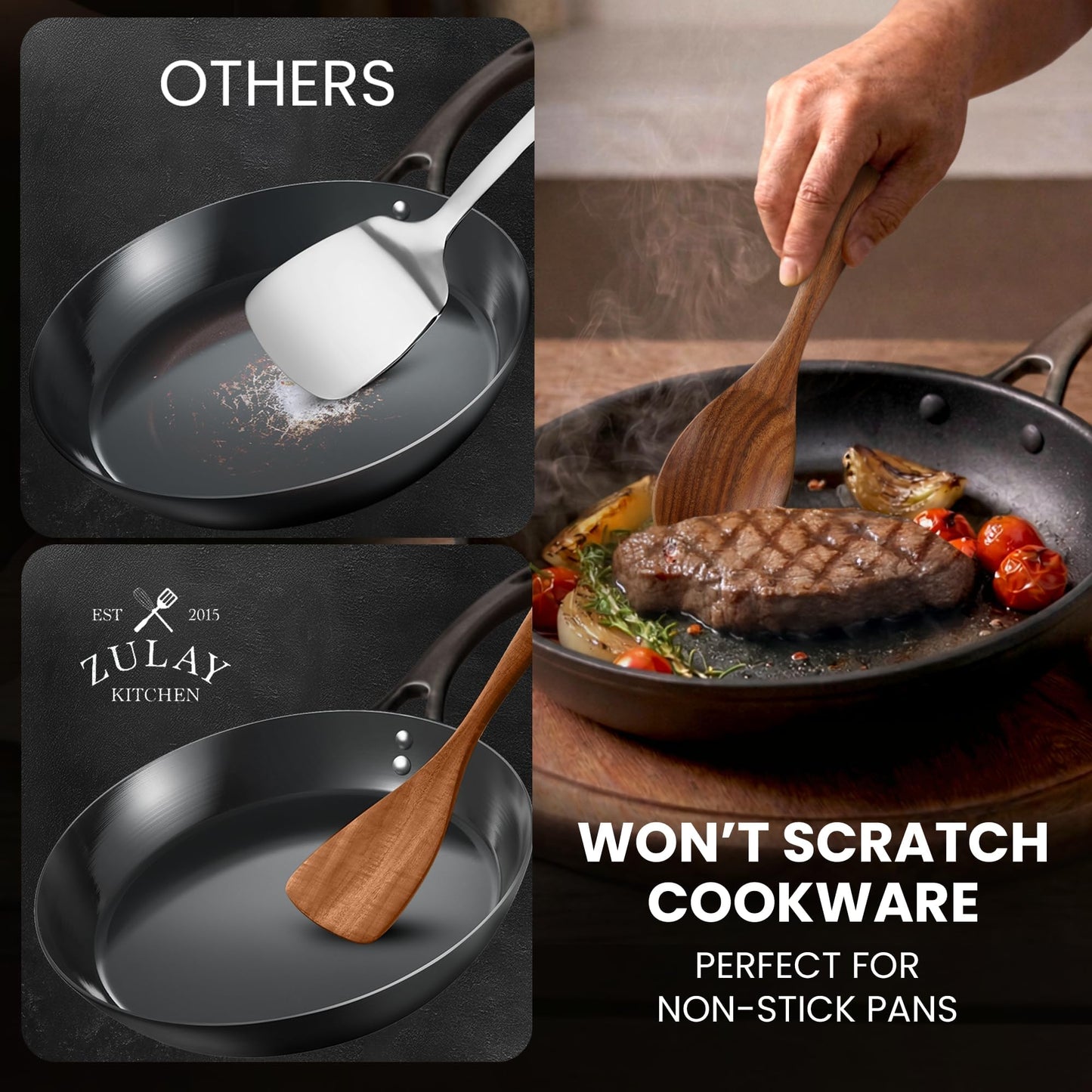 Zulay Kitchen 6-Piece Wooden Spoons for Cooking - Smooth Finish Teak Utensils - Soft Comfortable Grip Wood Spoons - Non-Stick Wooden Cooking Utensils - Teak Spoon Utensil Sets
