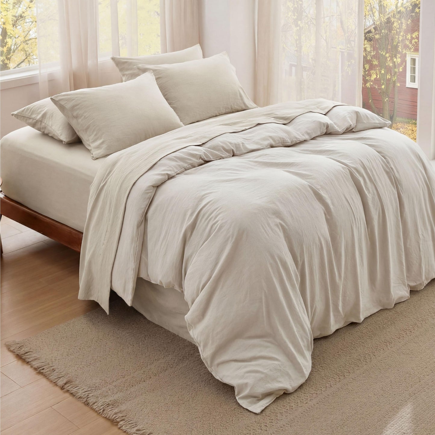 Bedsure Linen Deep Pocket Queen Bed Sheets Set - 6 Pieces Prewashed Ultra-Soft Bed Sheets for Queen Bed, Fits Mattresses Up to 18 Inches Thick, Breathable & Secure Fit, Hotel Luxury Bedding