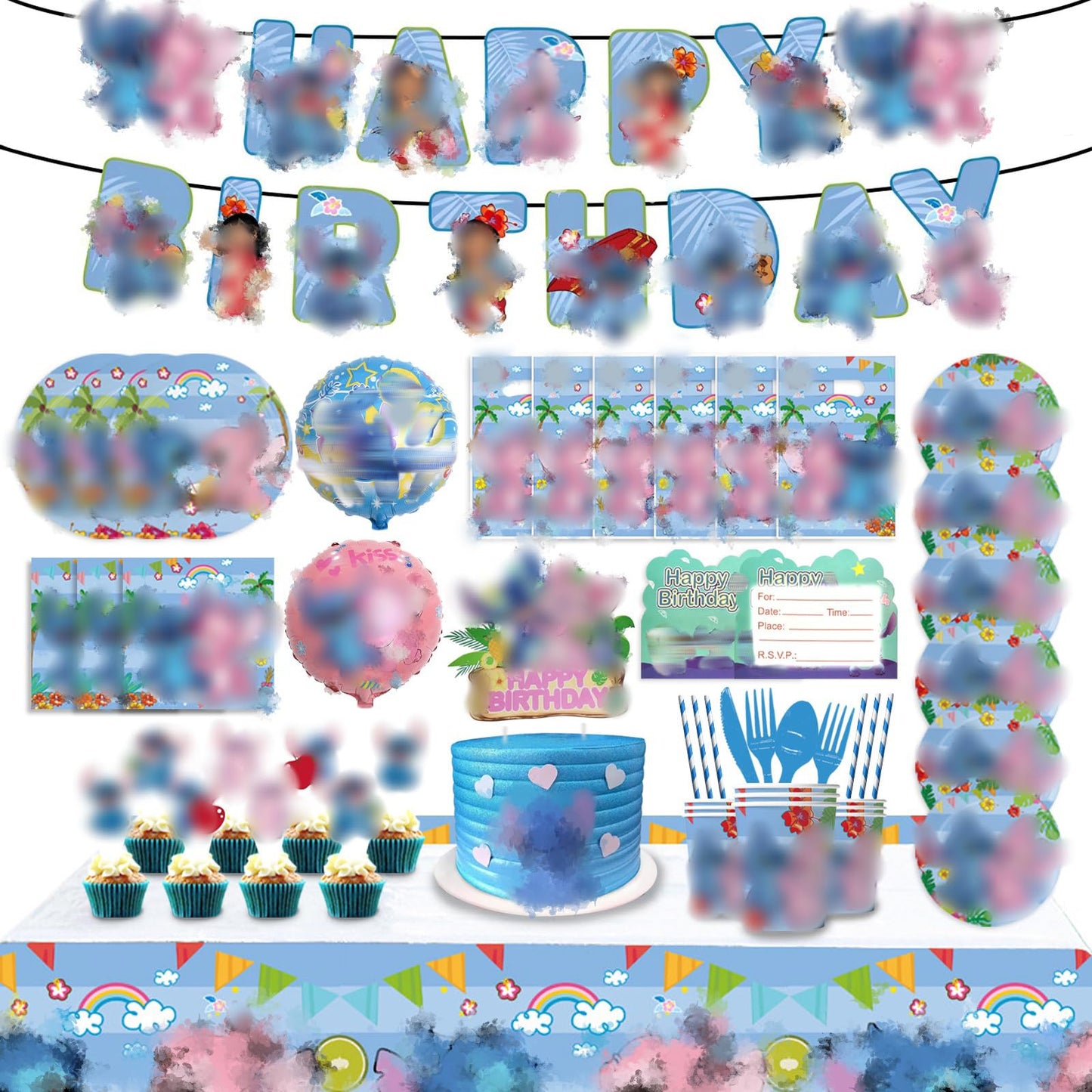 139pcs Birthday Party Supplies Set, Anime Theme Birthday Decorations Services 10 People, Included Plates, Cake Toppers, Balloons, Invites Card, Straw, Tablecloth etc.,Reusable Party Decoration(Blue).