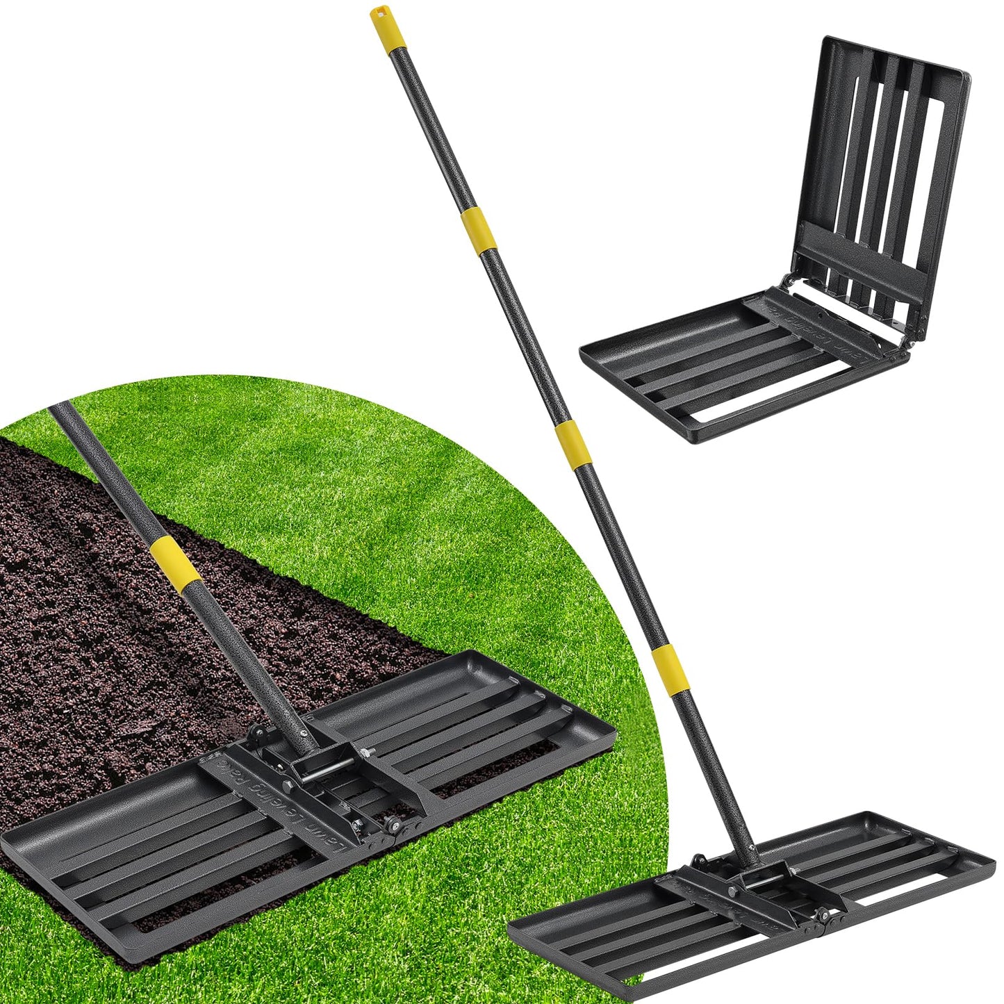 Lawn Leveling Rake, 30x10 in Large Soil Leveling Rake for Yard Heavy Duty, Round Edge Ground Leveler for Smooth Level Dirt Sand Grass Golf, 72" Long Handle, Foldable Garden Landscaping Levelawn Tools