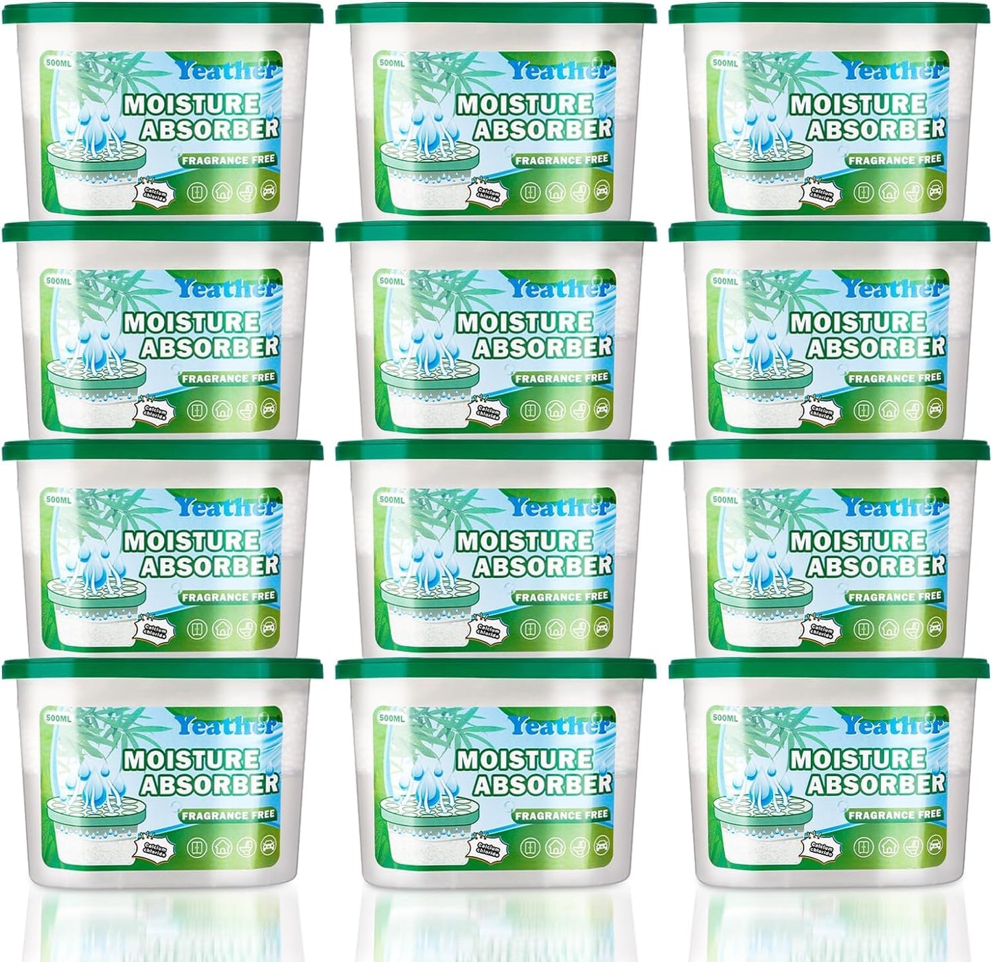 YEATHER 12 Pack Fragrance Free Moisture Absorber, 16.9OZ Portable Dehumidifier Moisture Absorber for Closet Bathroom, Wardrobes, Kitchen, Laundry (Green)